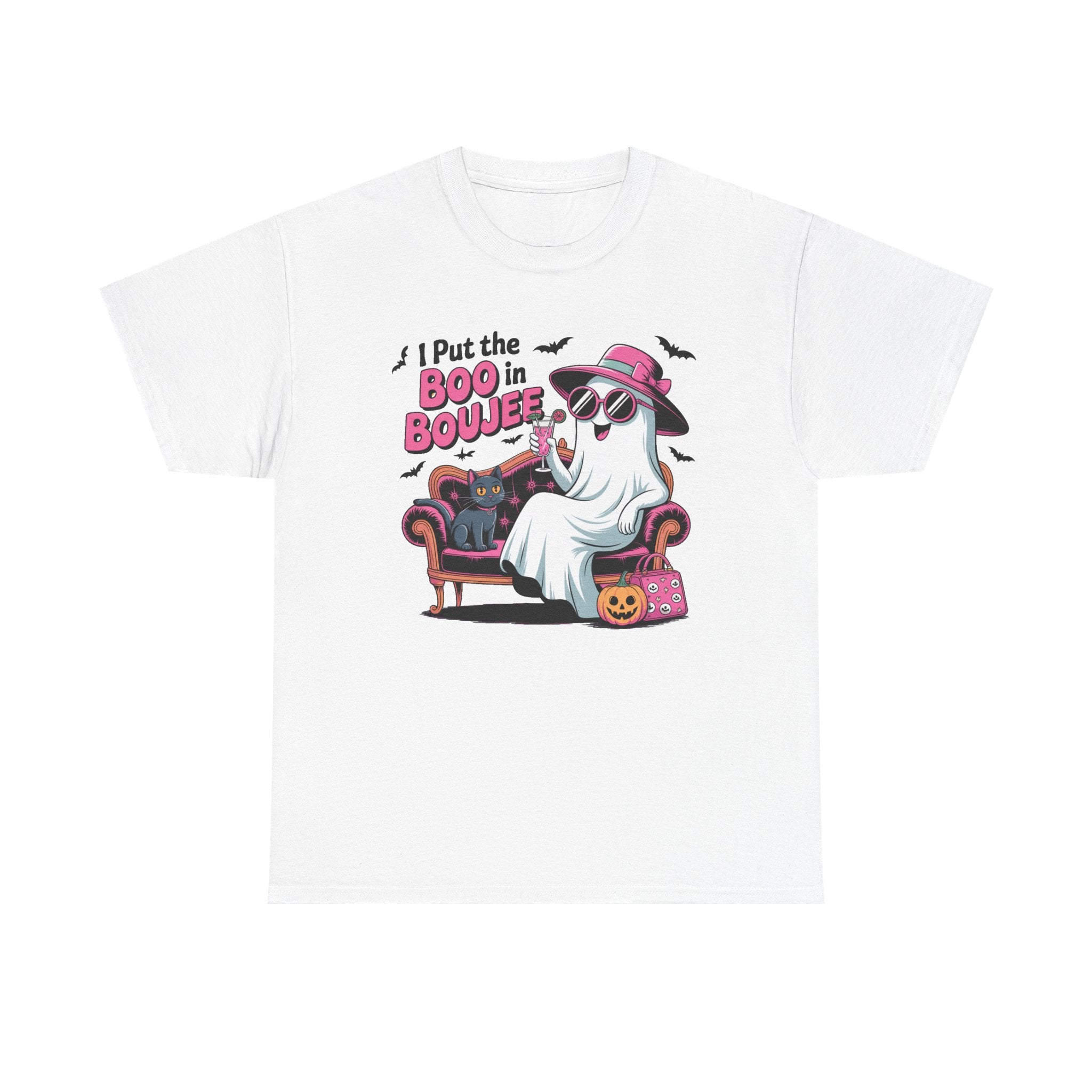 A white short-sleeve crewneck t-shirt featuring a colorful graphic of a ghost character wearing sunglasses and a pink hat, sitting on a purple armchair with the text 'I Put the BOO in BOUJEE' above it.