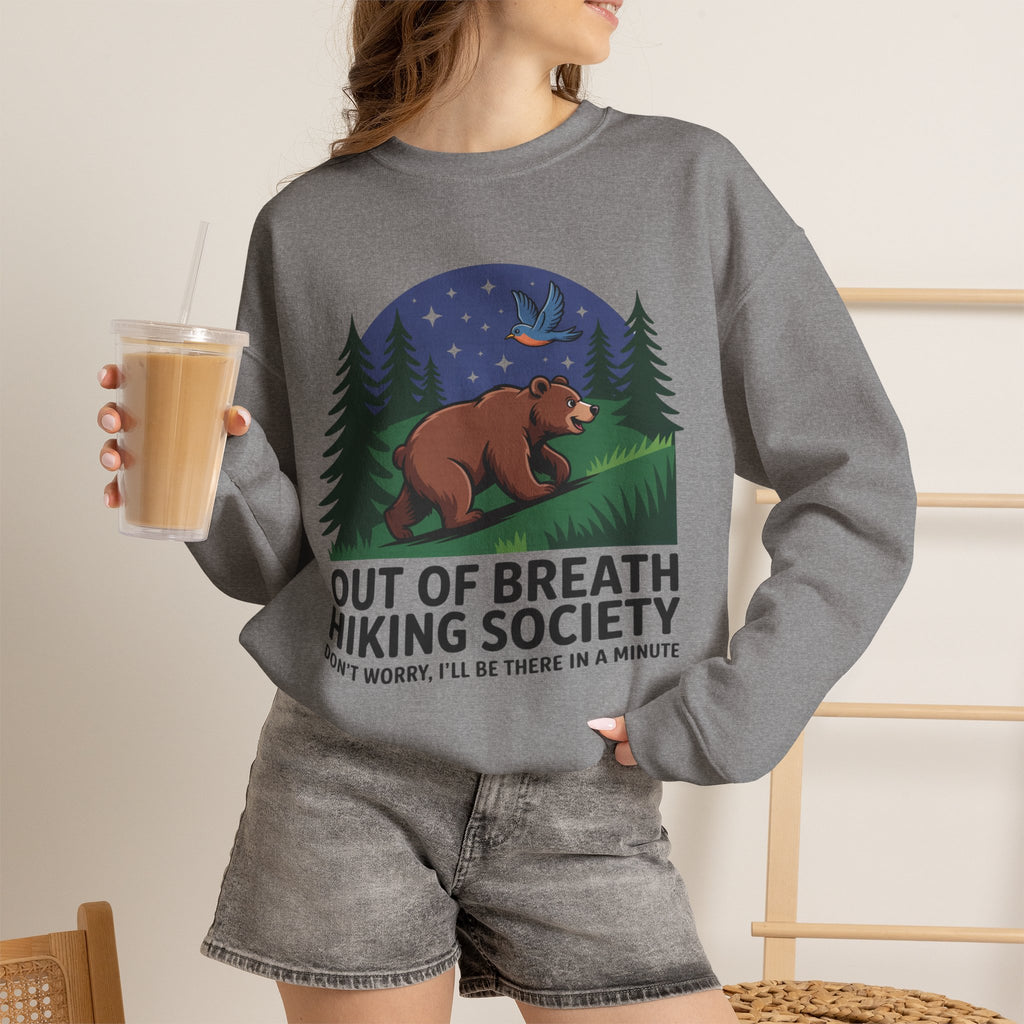 Out of Breath Hiking Society Crewneck Sweatshirt — Funny Bear Camping Graphic