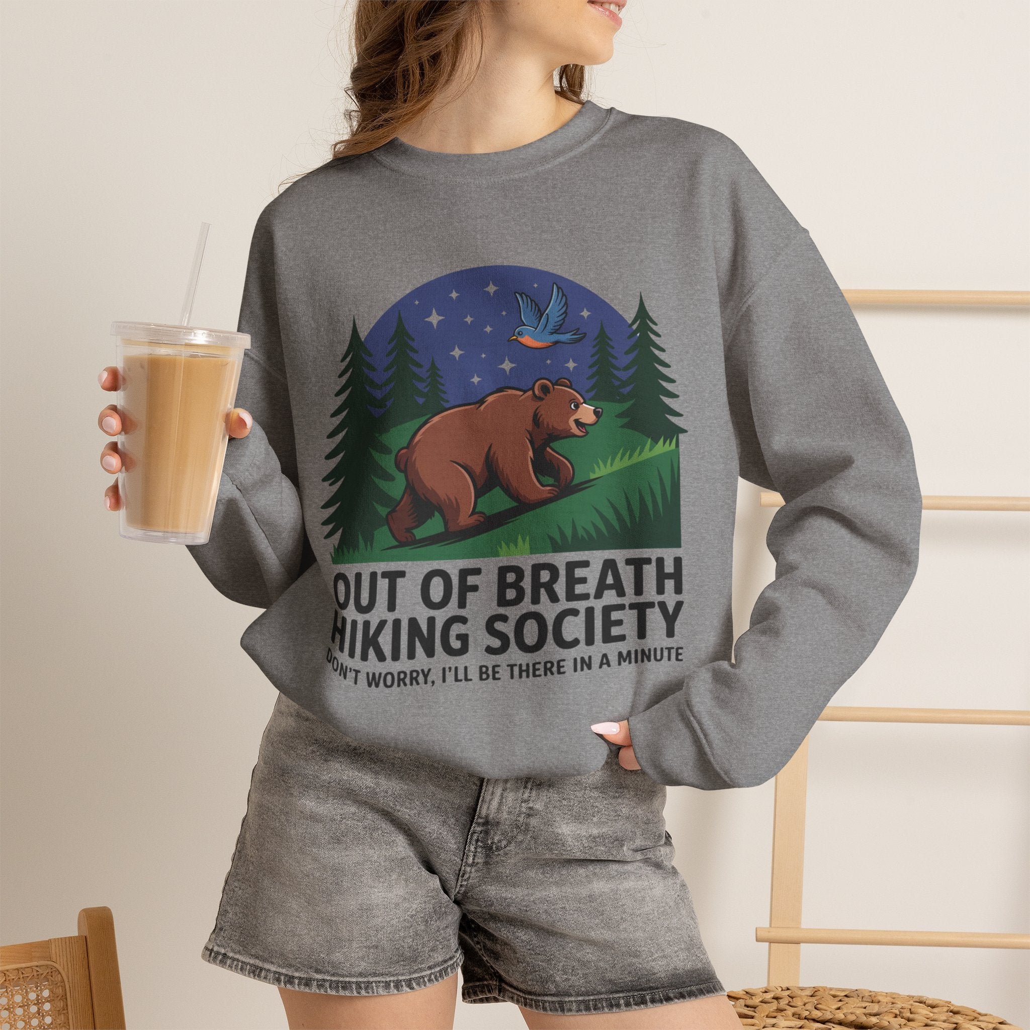 Out of Breath Hiking Society Crewneck Sweatshirt — Funny Bear Camping Graphic