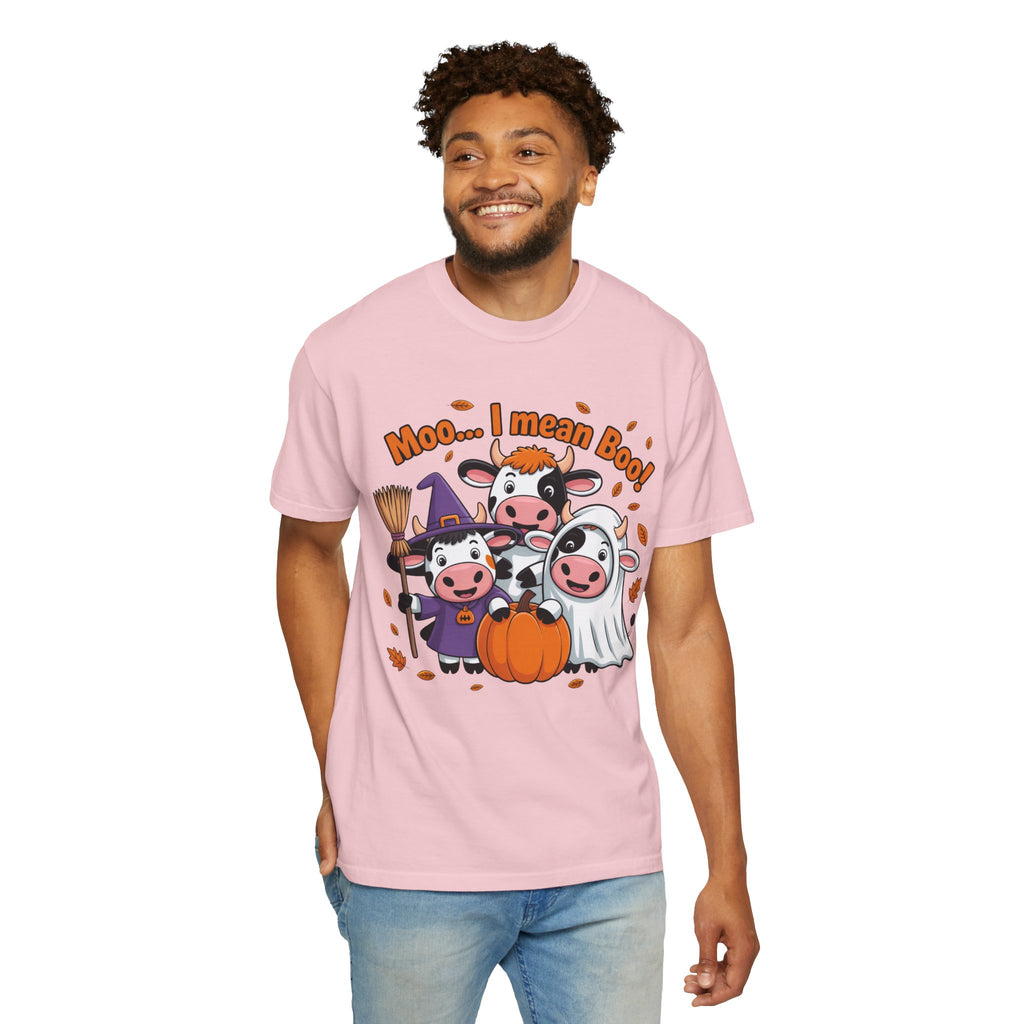 Halloween Cow T-Shirt – “Moo... I mean Boo!” Cute Pumpkin & Witch Cows Graphic Tee