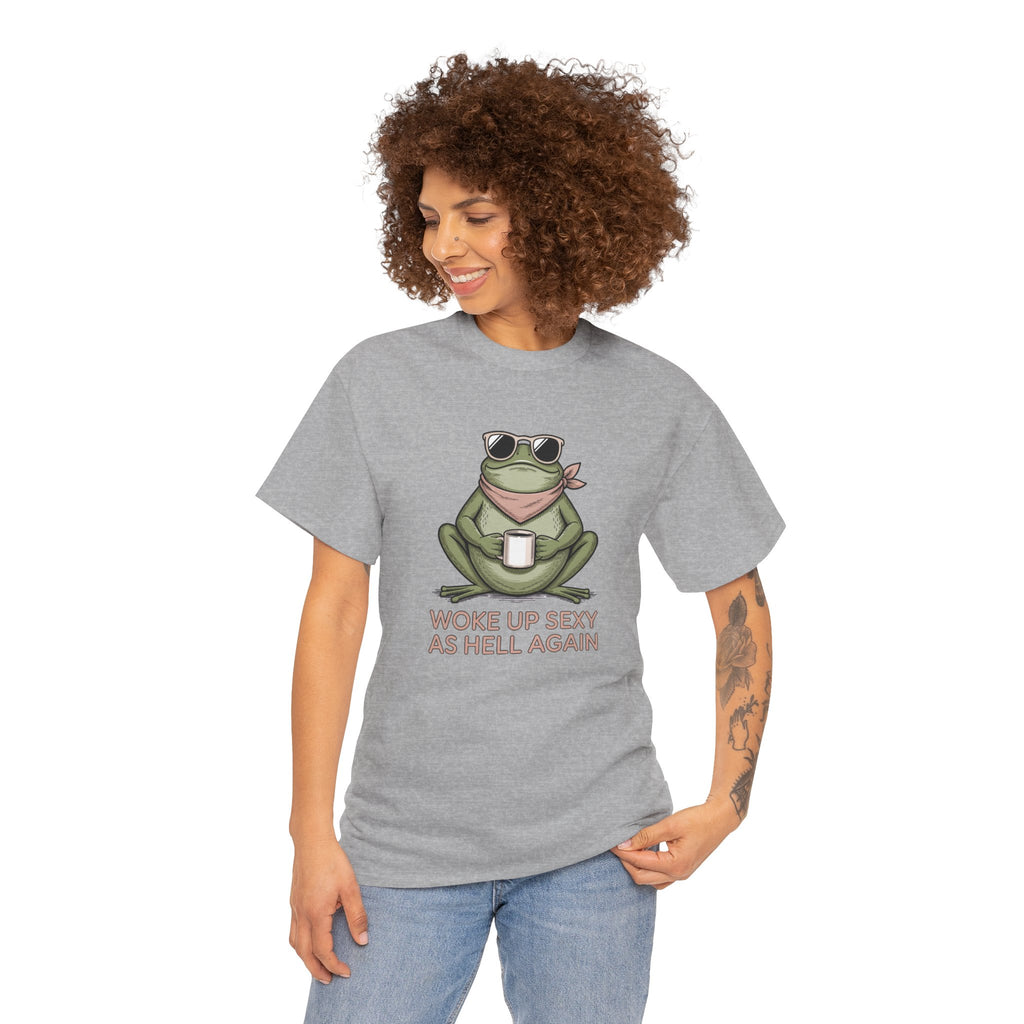 Frog Mug Graphic Tee — "Woke Up Sexy As Hell Again" Cotton T-Shirt