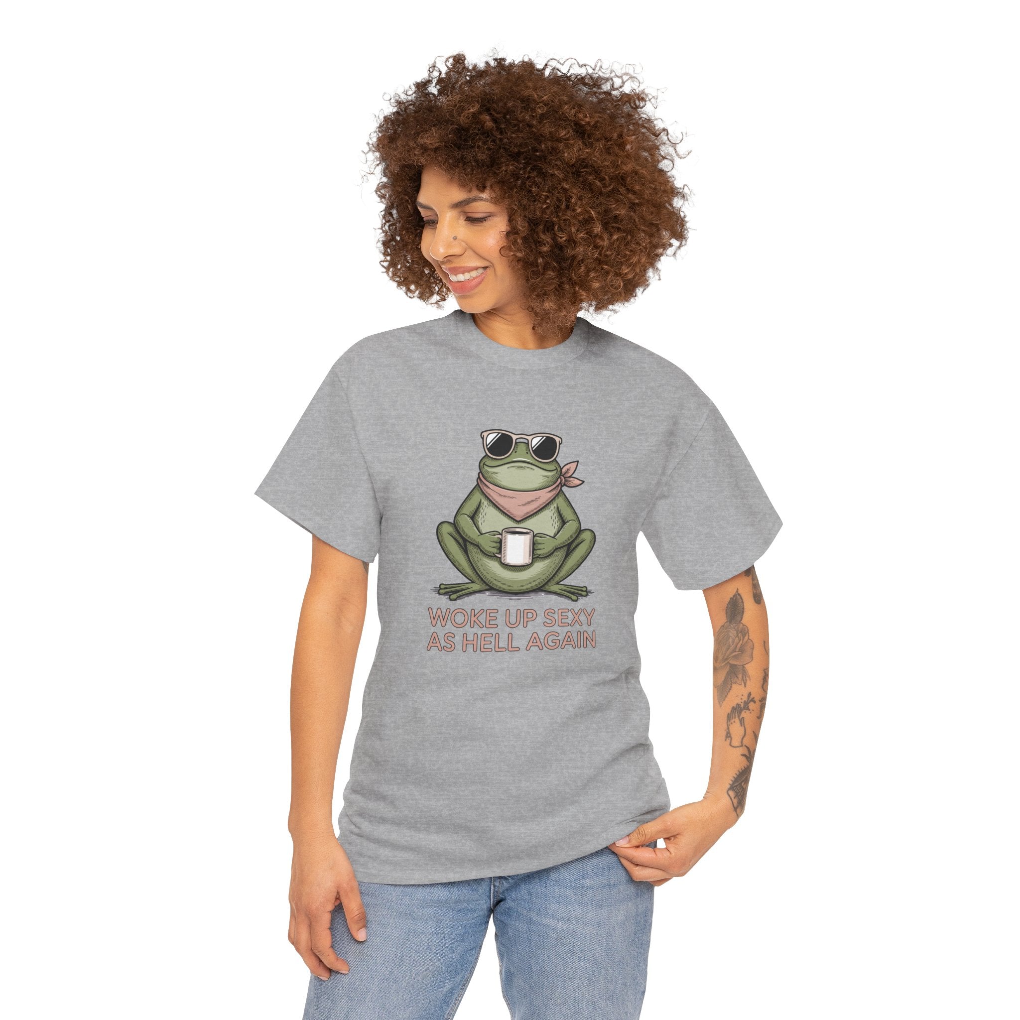 Frog Mug Graphic Tee — "Woke Up Sexy As Hell Again" Cotton T-Shirt