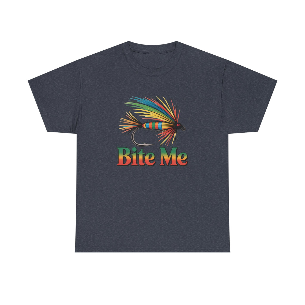 Fishing T-Shirt — Colorful Fly Design with "Bite Me" Text