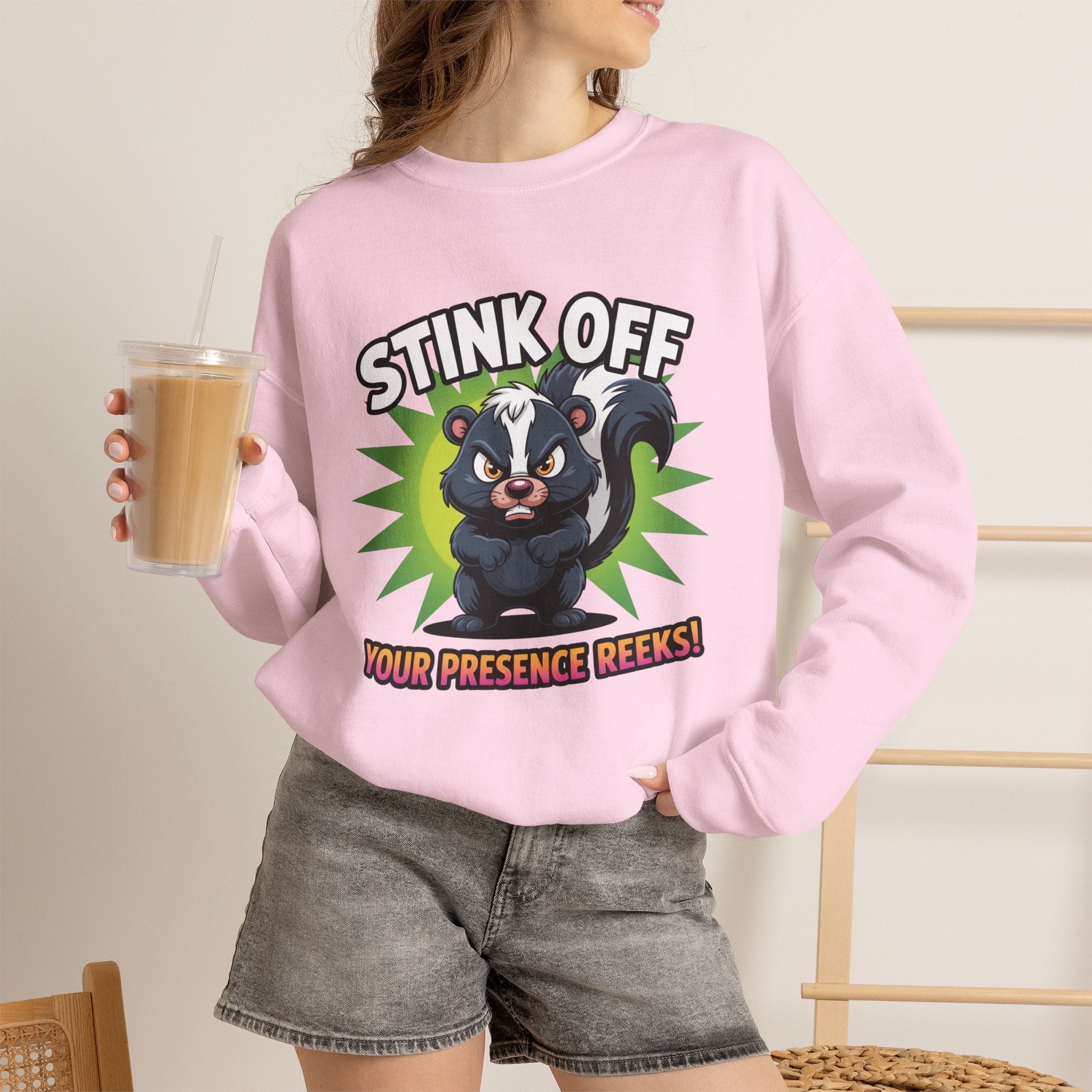 Stink Off Skunk Crewneck Sweatshirt — Funny 'Your Presence Reeks!' Graphic