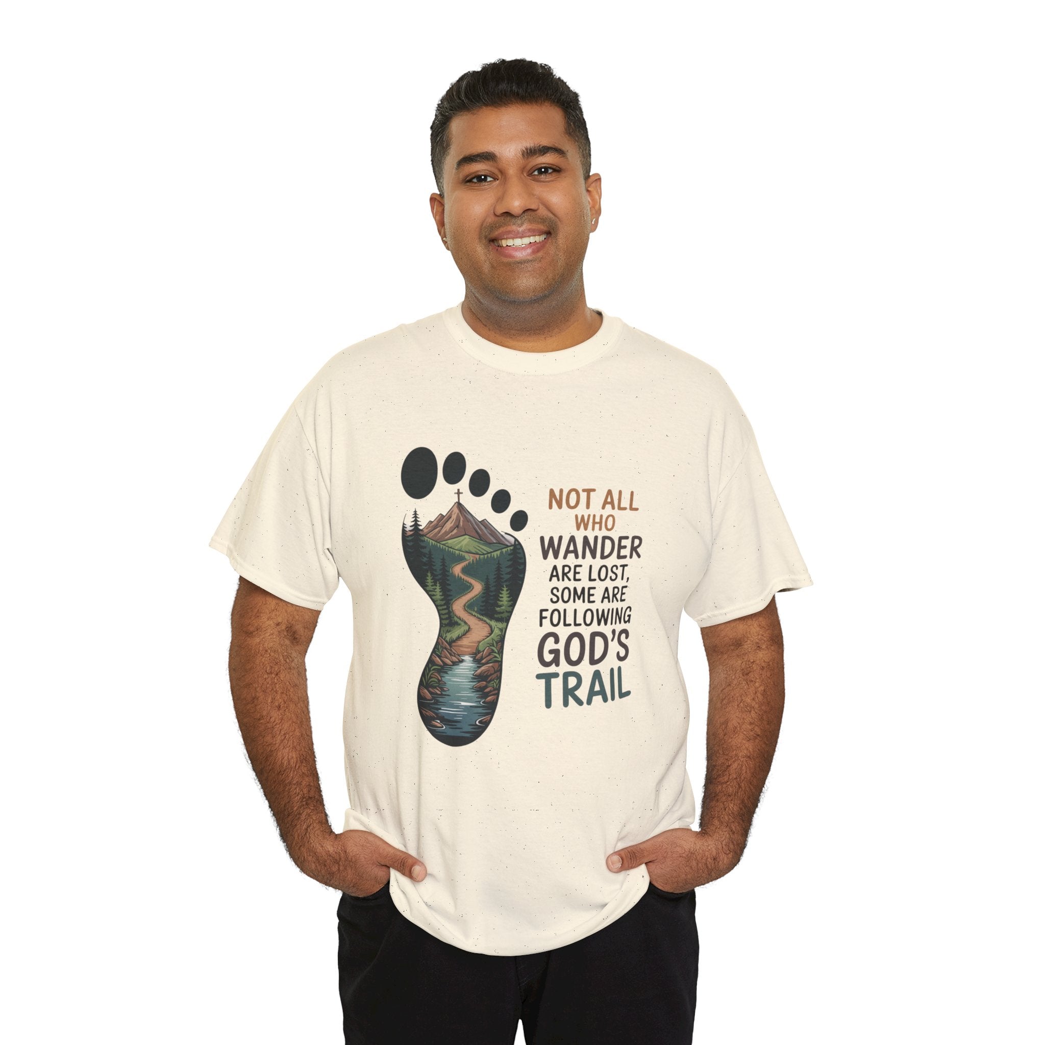 God's Trail Footprint T-Shirt — Christian Hiking Tee ("Not All Who Wander...")