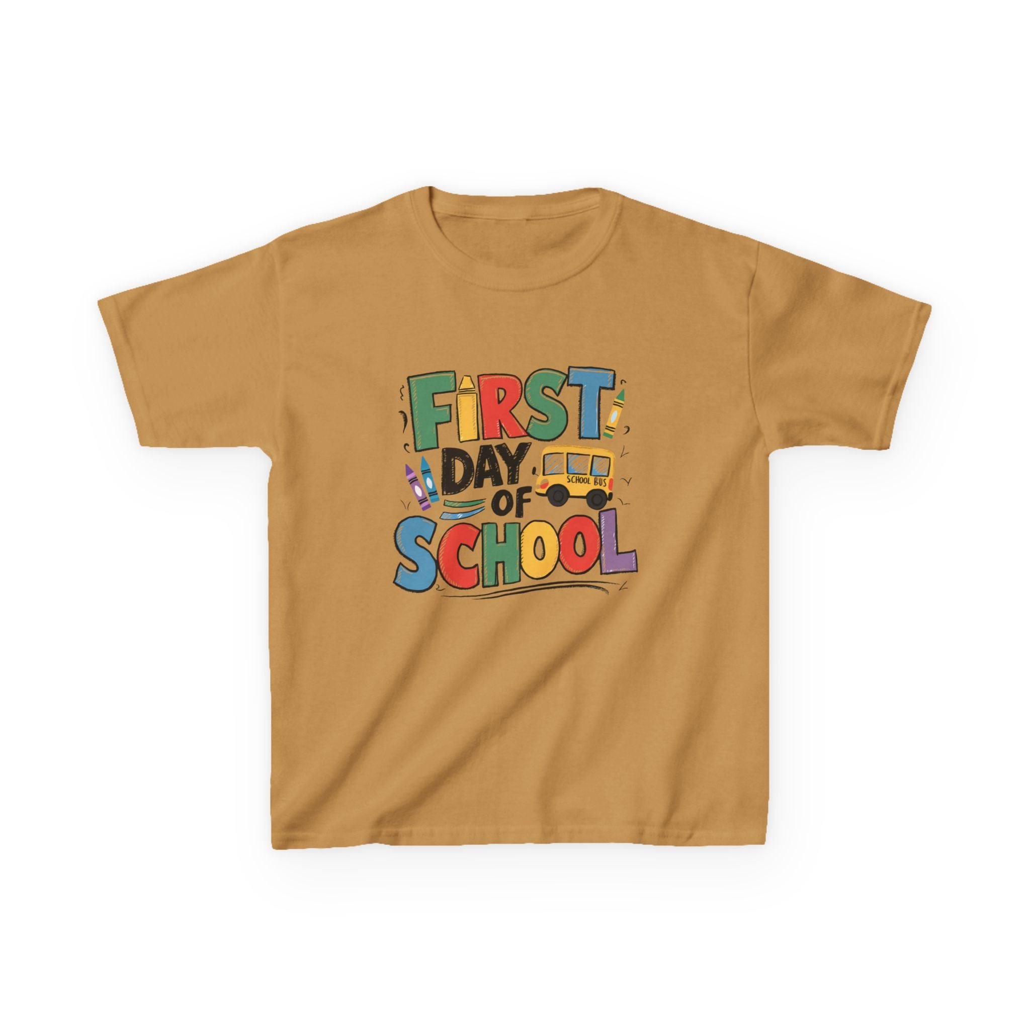 First Day of School Kids T-Shirt — Colorful Back-to-School Tee with School Bus Design