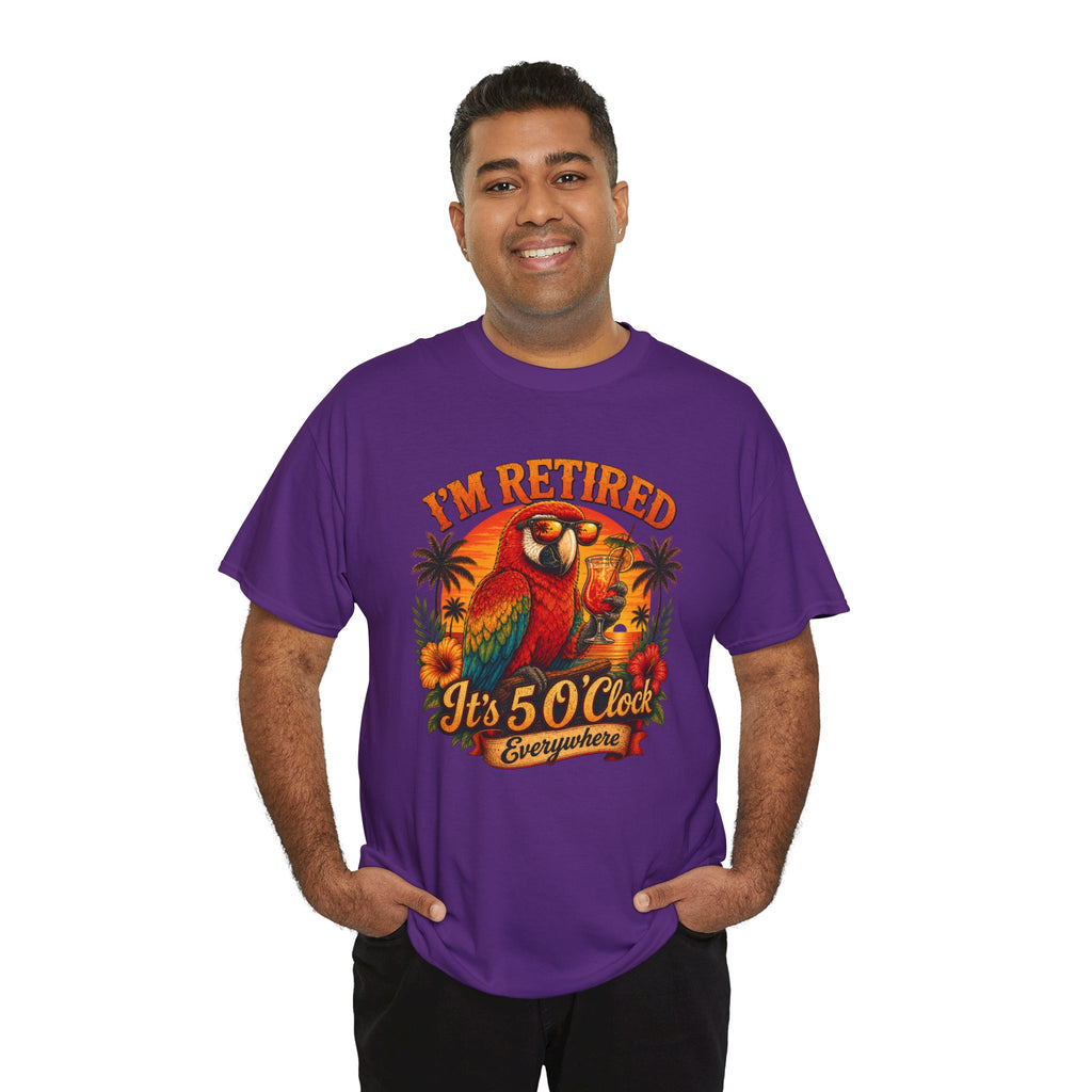 Funny Retirement T-Shirt — It's 5 O'Clock Everywhere Parrot Gift Tee for Retirees