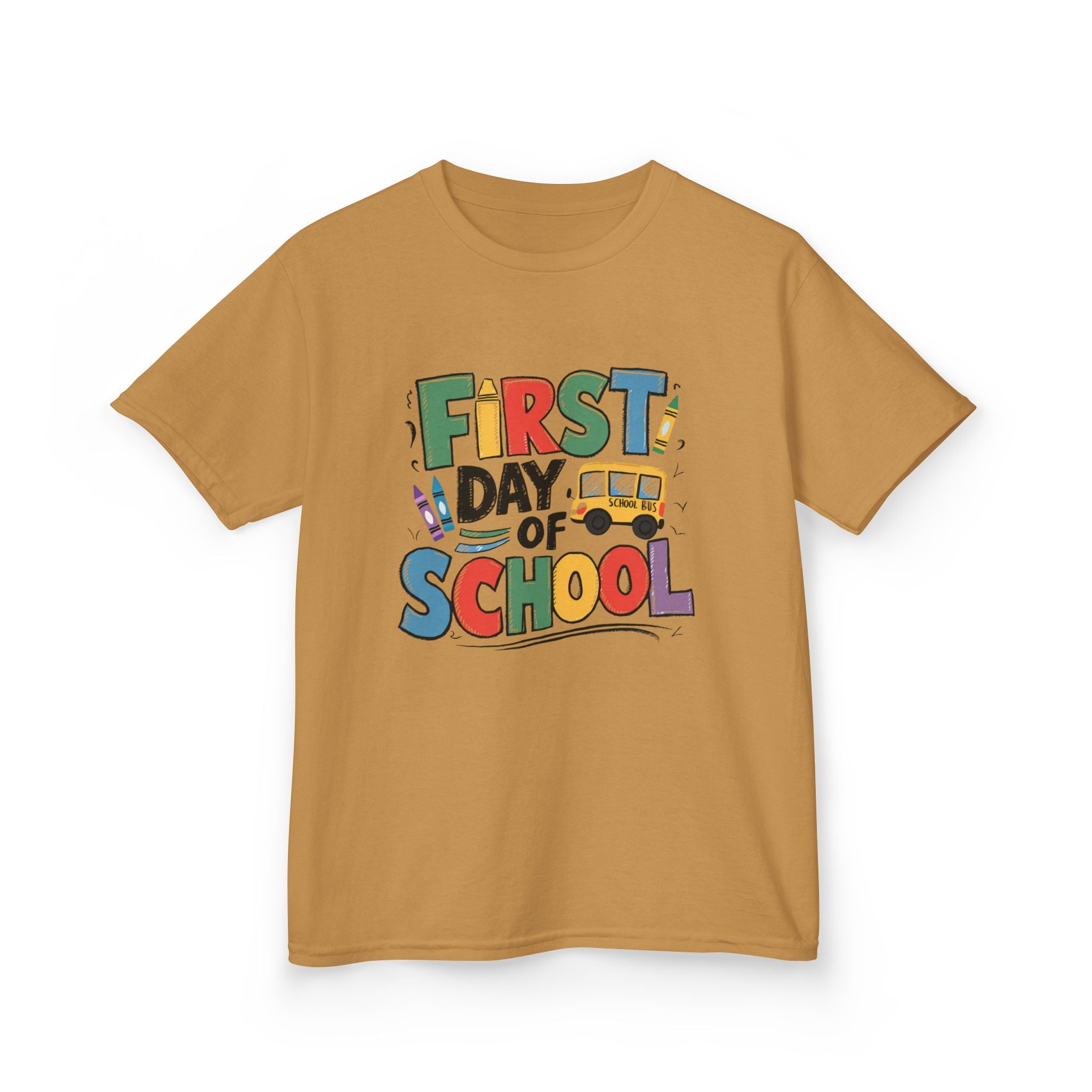 First Day of School Kids T-Shirt — Colorful Back-to-School Tee with School Bus Design