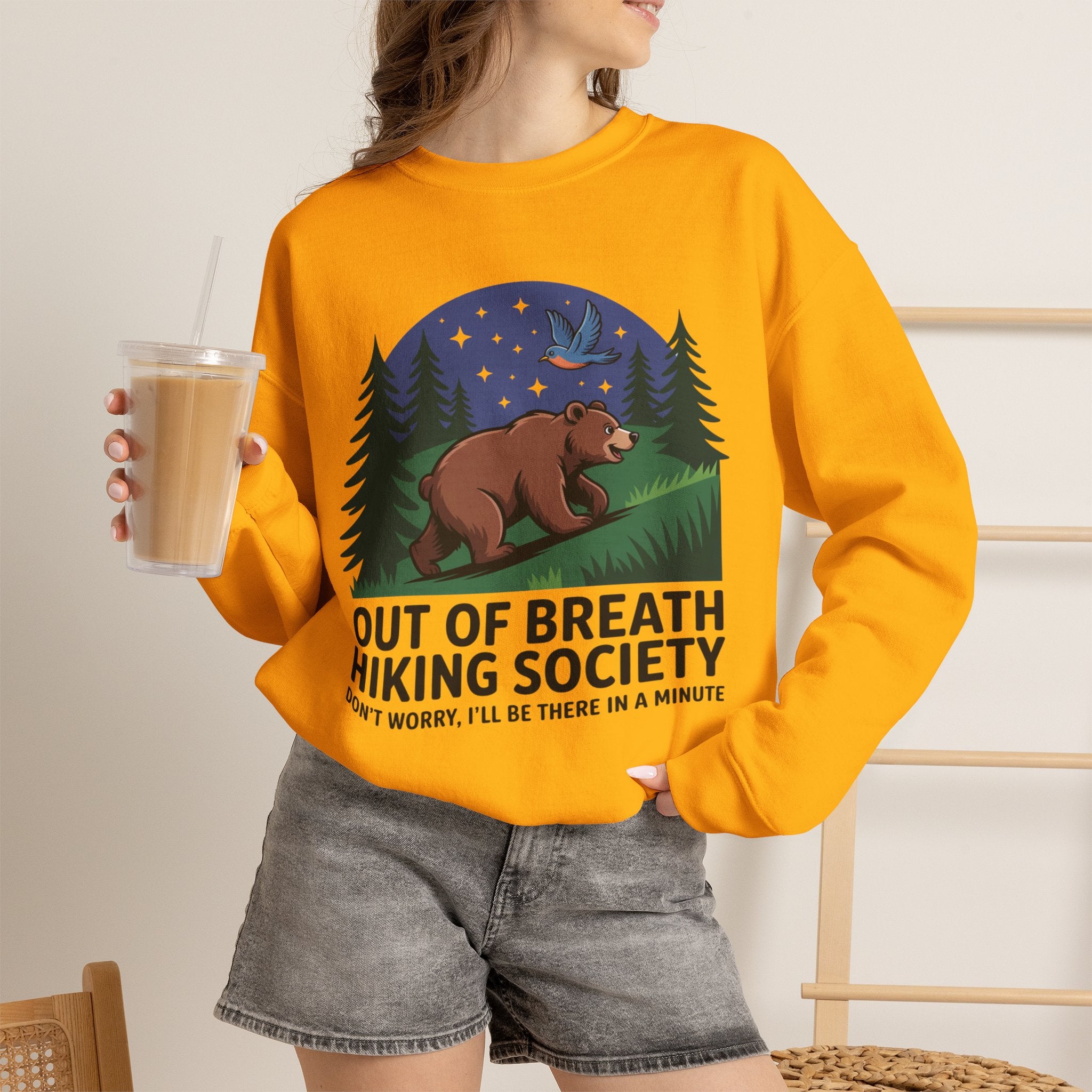 Out of Breath Hiking Society Crewneck Sweatshirt — Funny Bear Camping Graphic