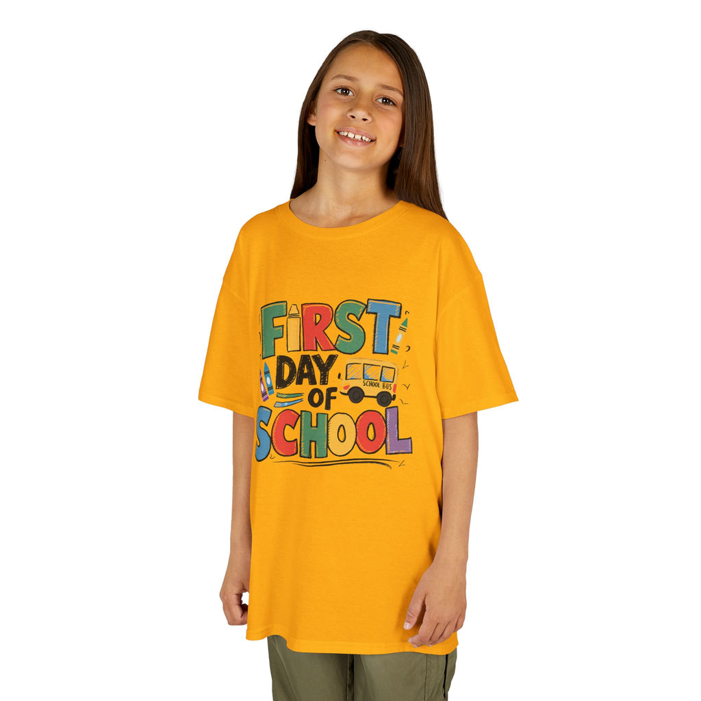 First Day of School Kids T-Shirt — Colorful Back-to-School Tee with School Bus Design