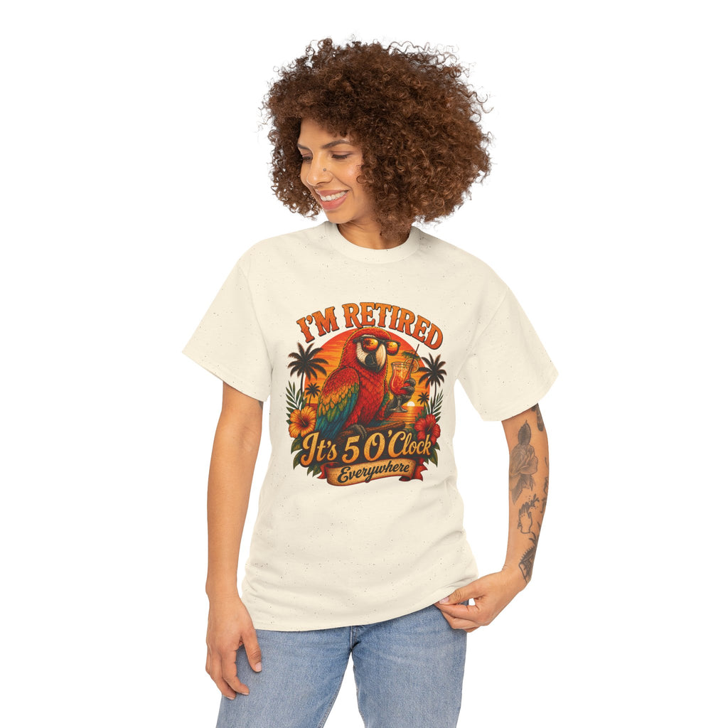 Funny Retirement T-Shirt — It's 5 O'Clock Everywhere Parrot Gift Tee for Retirees