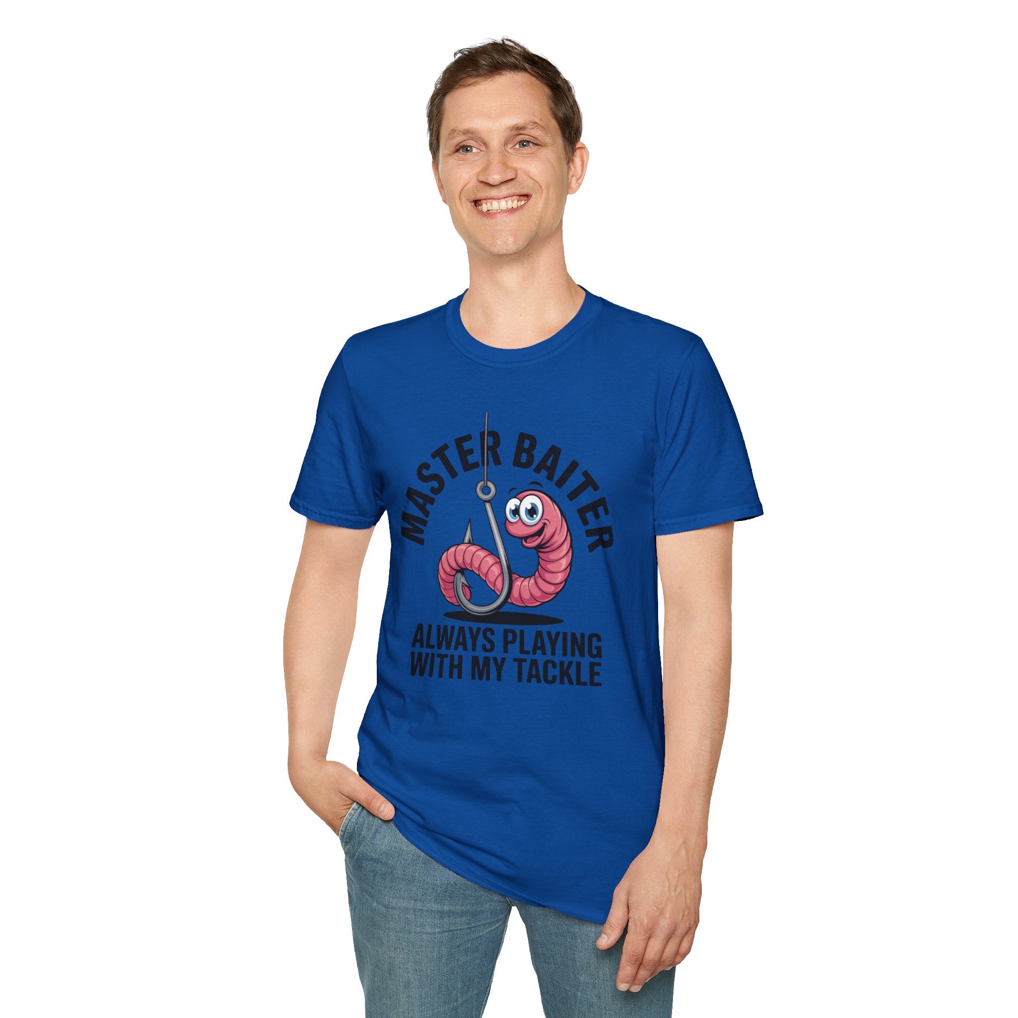 Master Baiter Fishing T-Shirt — Funny Worm Hook Tee ("Always Playing With My Tackle")