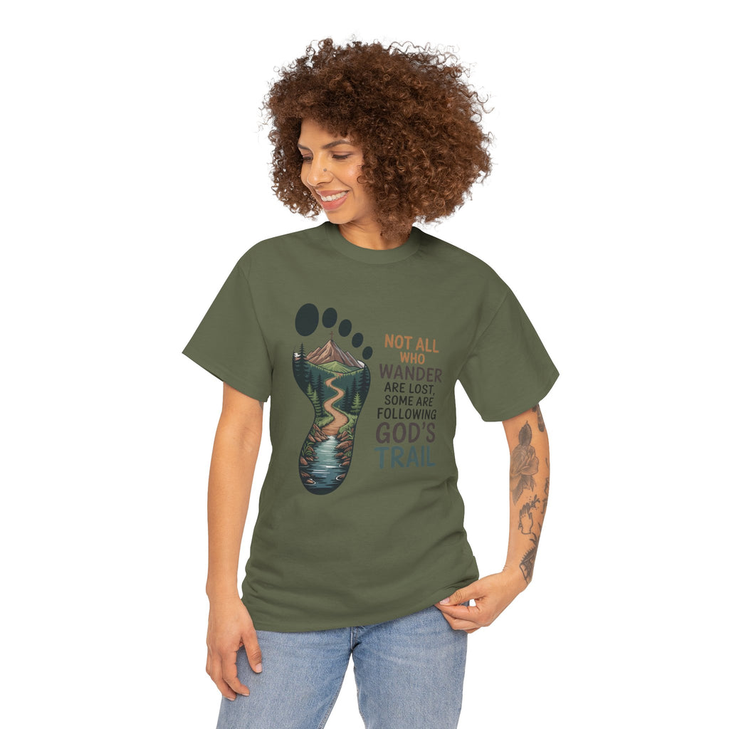 God's Trail Footprint T-Shirt — Christian Hiking Tee ("Not All Who Wander...")