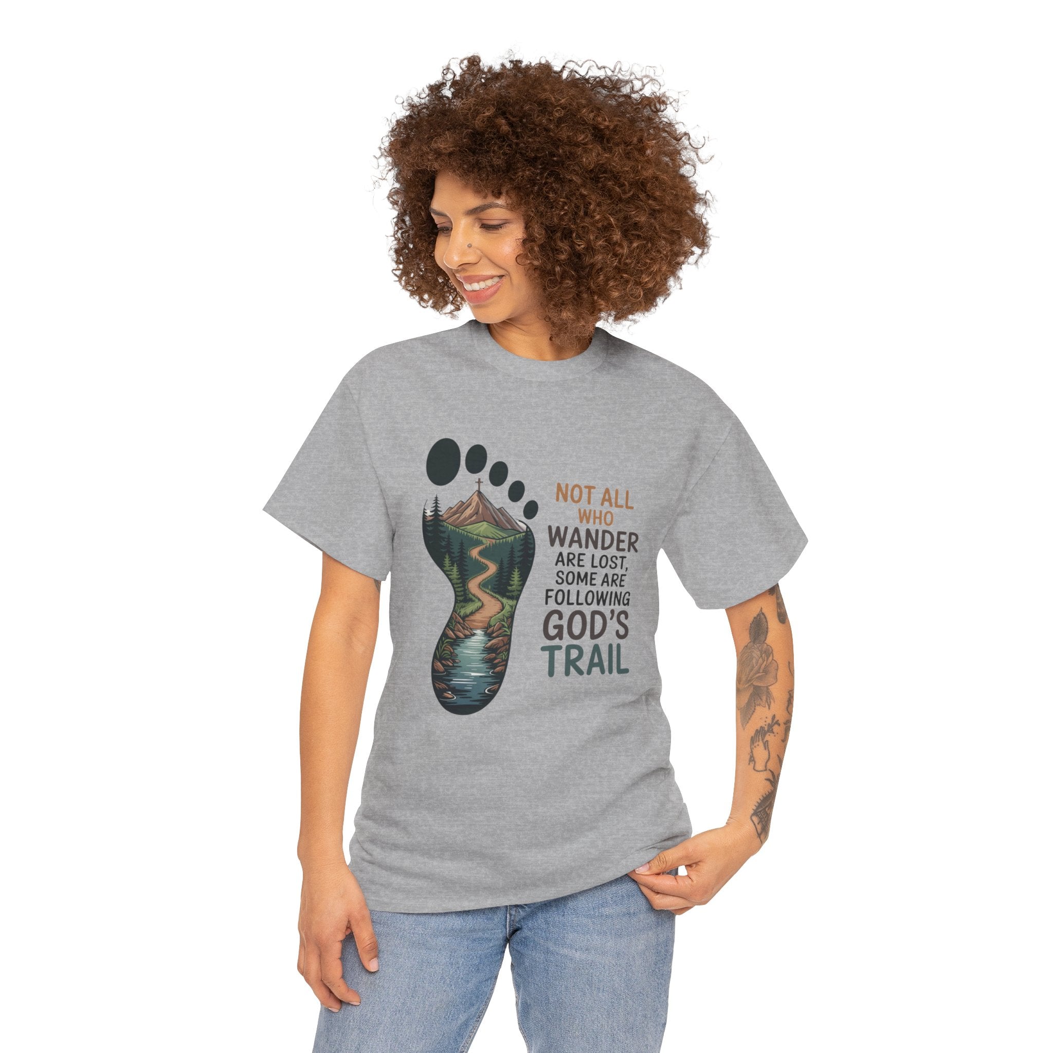 God's Trail Footprint T-Shirt — Christian Hiking Tee ("Not All Who Wander...")