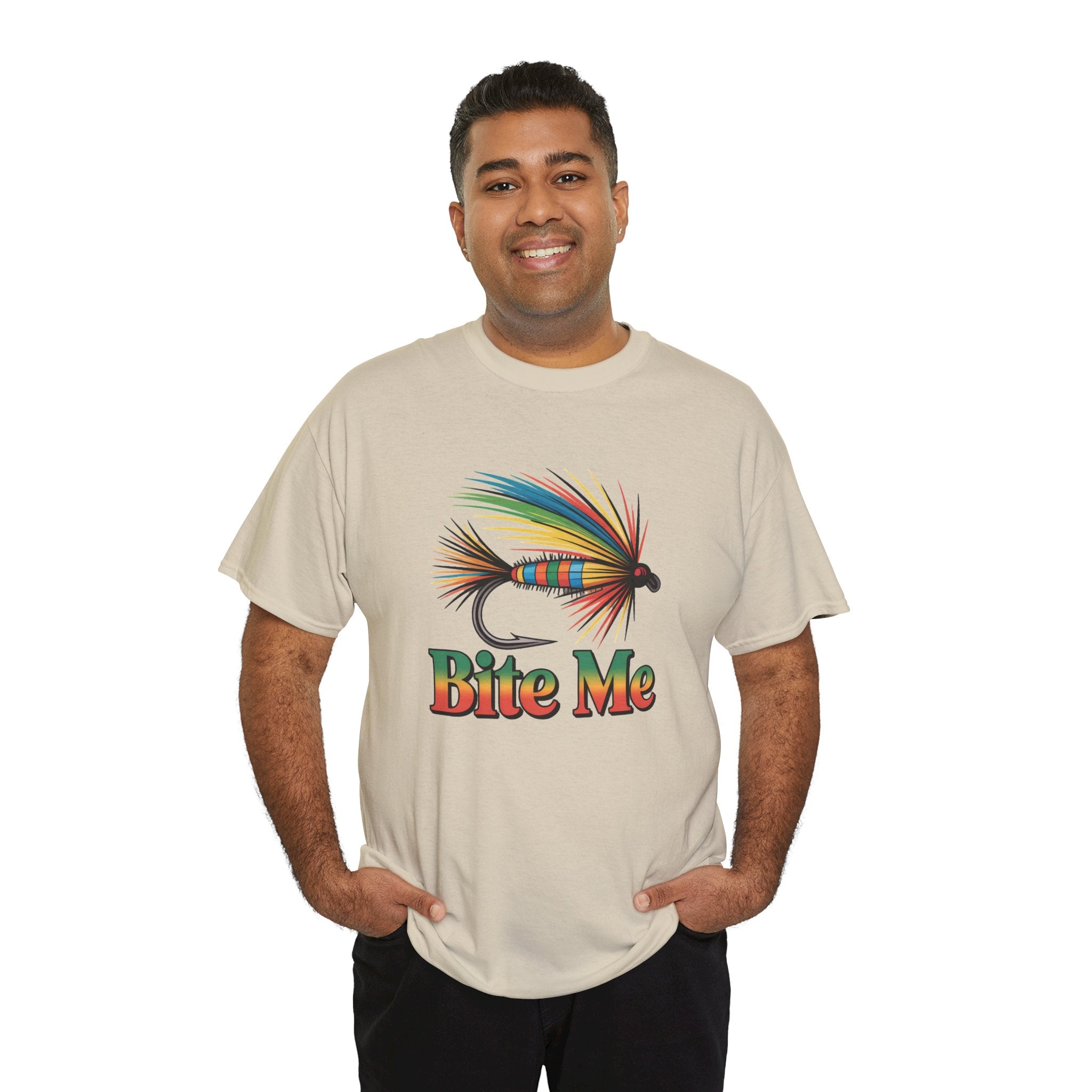 Fishing T-Shirt — Colorful Fly Design with "Bite Me" Text