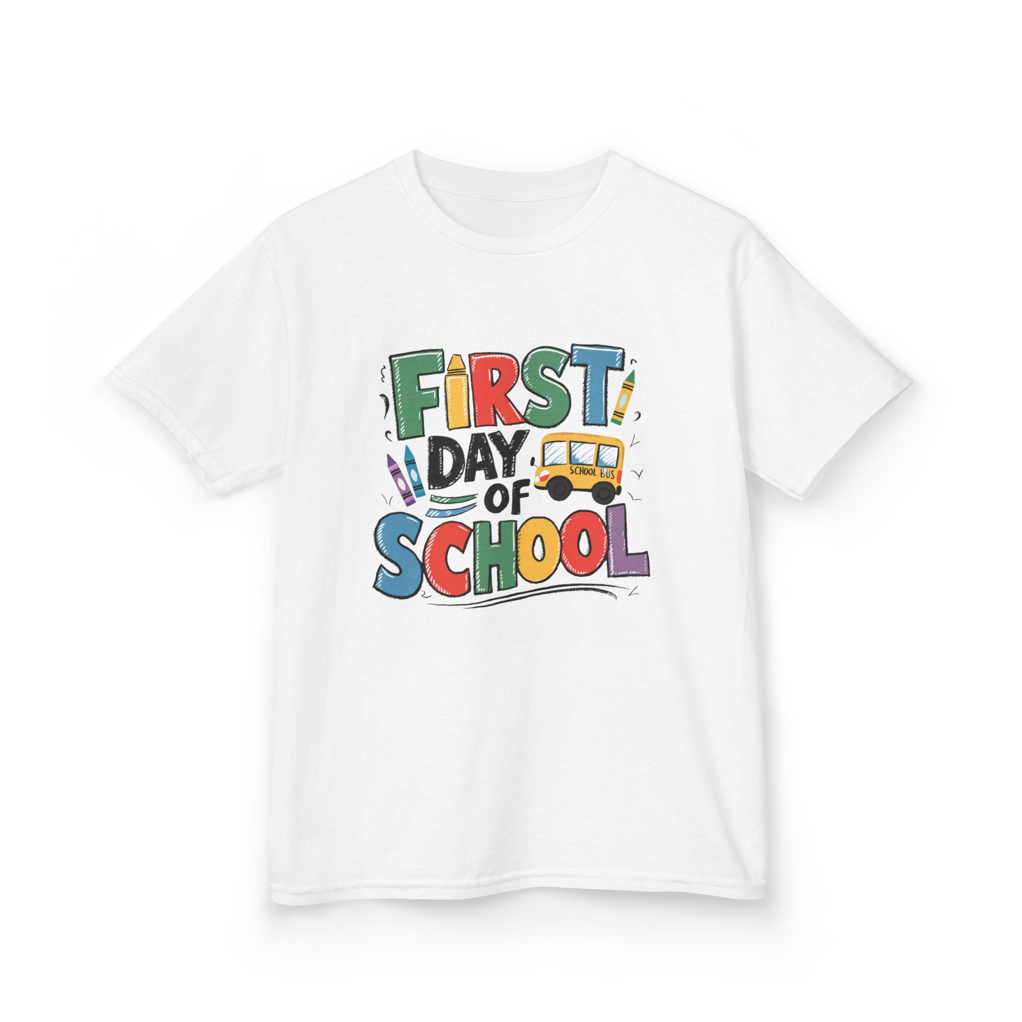 First Day of School Kids T-Shirt — Colorful Back-to-School Tee with School Bus Design