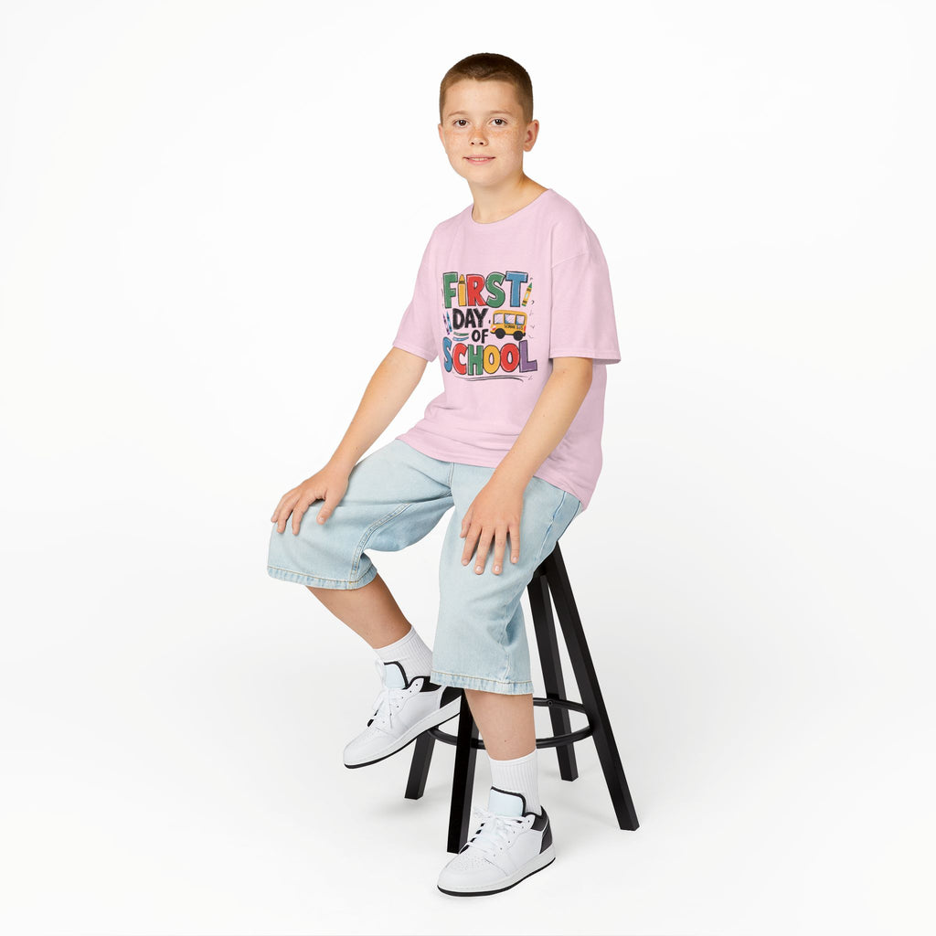 First Day of School Kids T-Shirt — Colorful Back-to-School Tee with School Bus Design