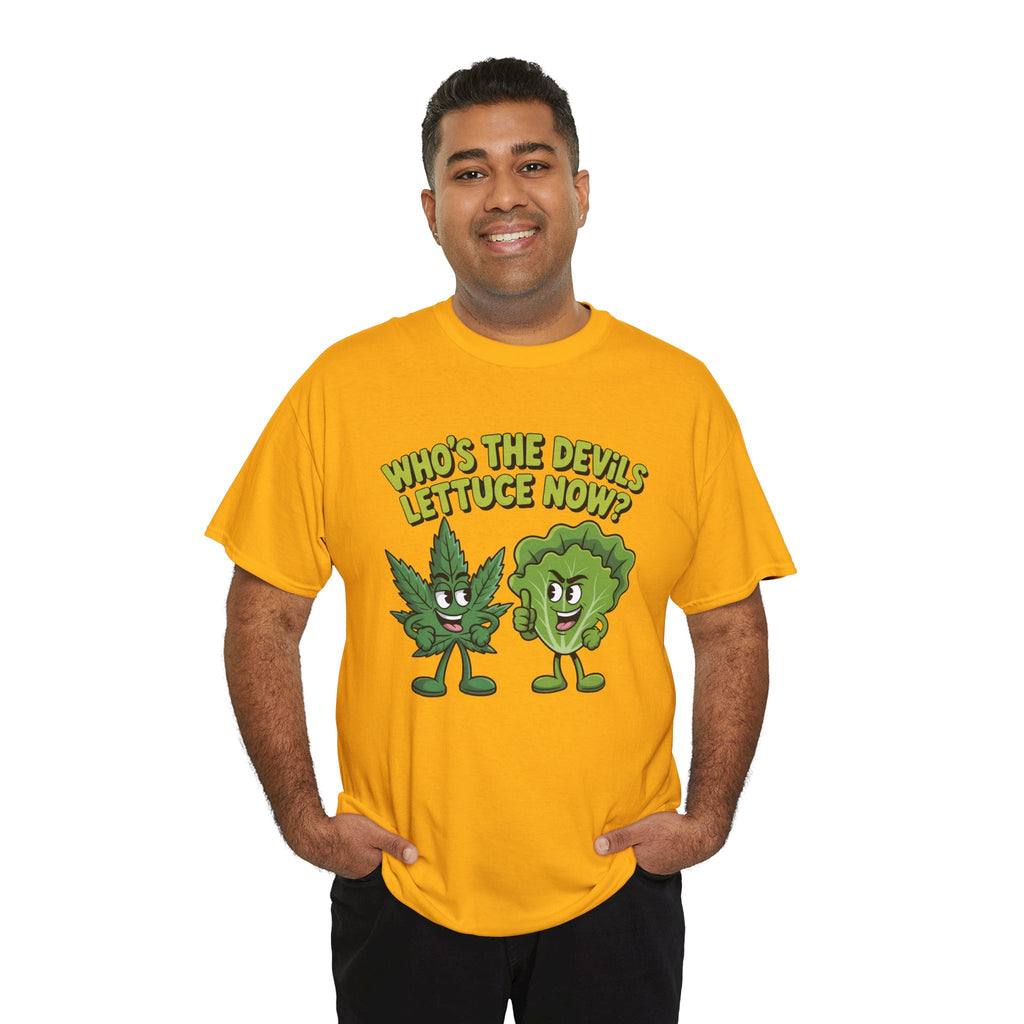 Funny Weed Humor Graphic T-Shirt — Who's the Devil's Lettuce Now Gift Tee for Men Women