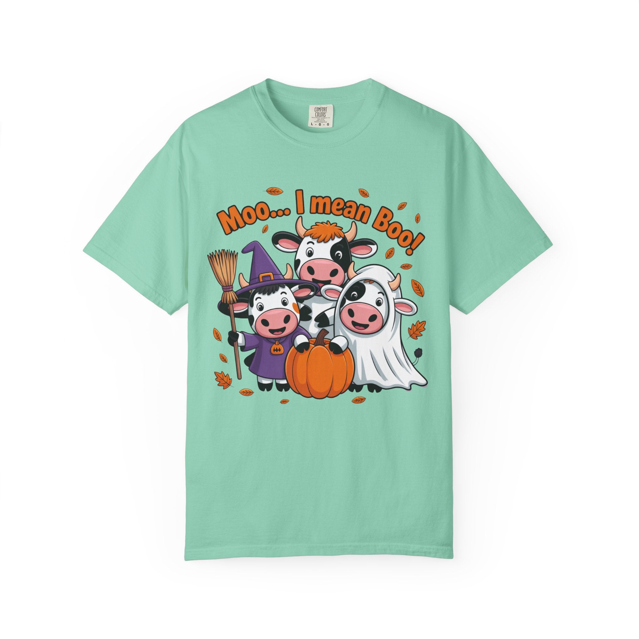 Halloween Cow T-Shirt – “Moo... I mean Boo!” Cute Pumpkin & Witch Cows Graphic Tee