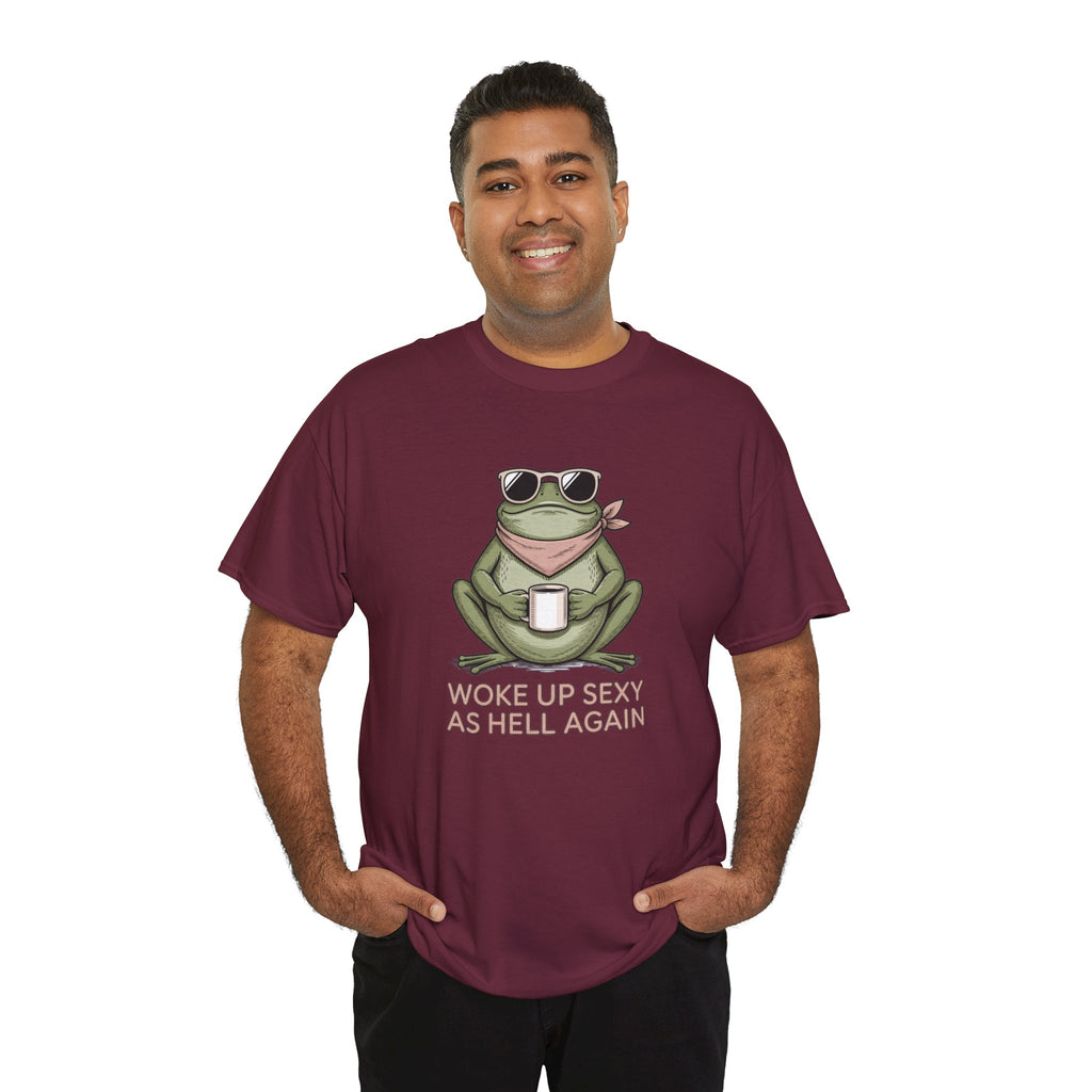 Frog Mug Graphic Tee — "Woke Up Sexy As Hell Again" Cotton T-Shirt