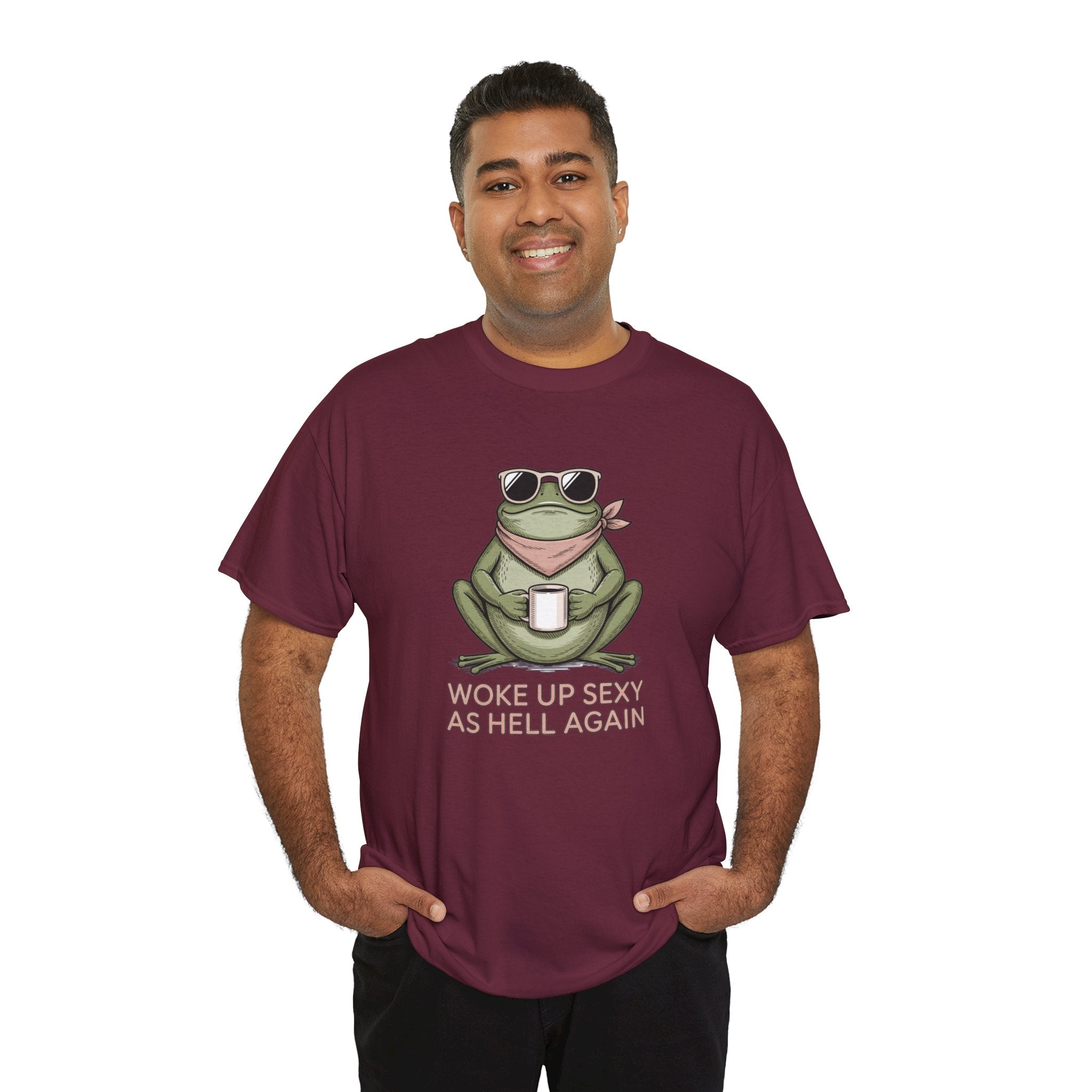 Frog Mug Graphic Tee — "Woke Up Sexy As Hell Again" Cotton T-Shirt
