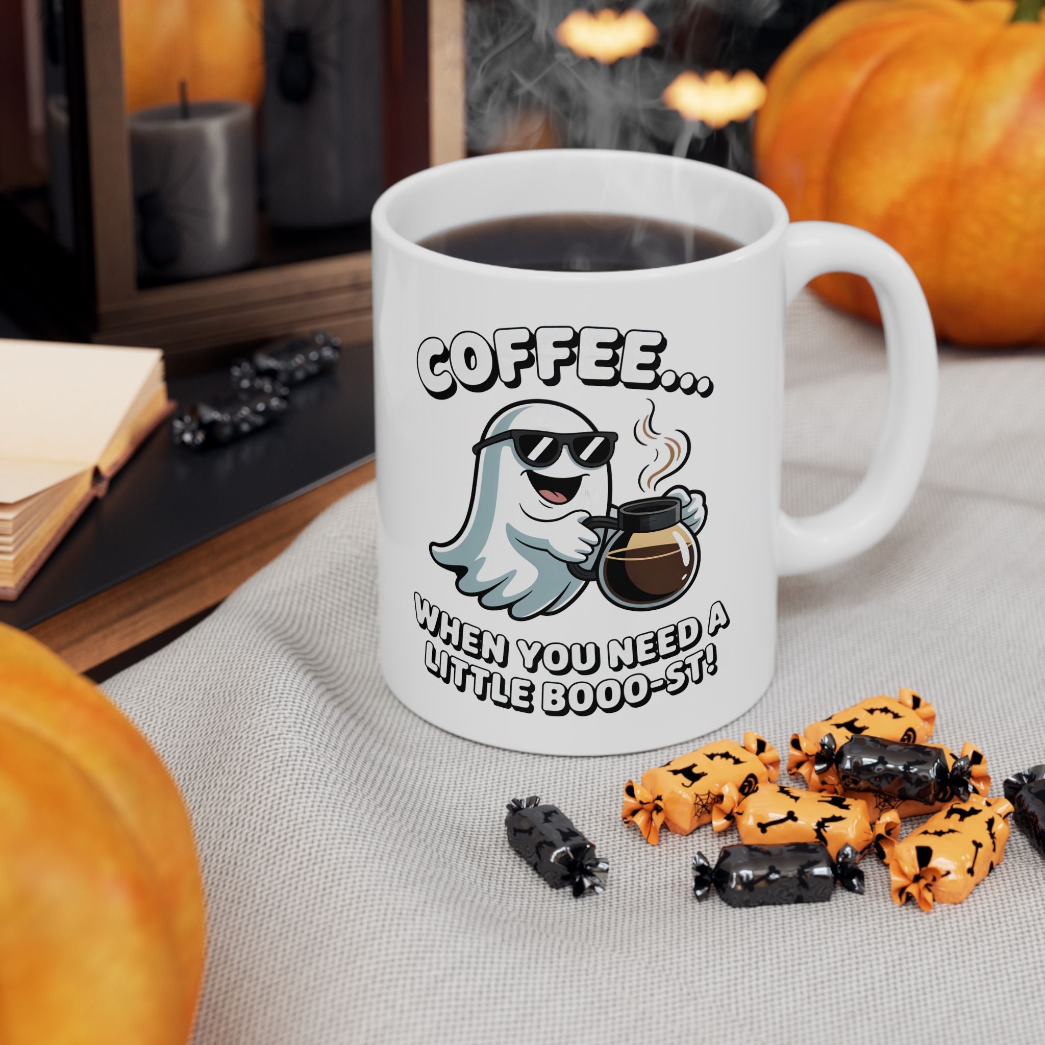 Coffee Ghost Ceramic Mug – Cute Ghost Saying "When you Need A Little Boost" (11oz & 15oz)