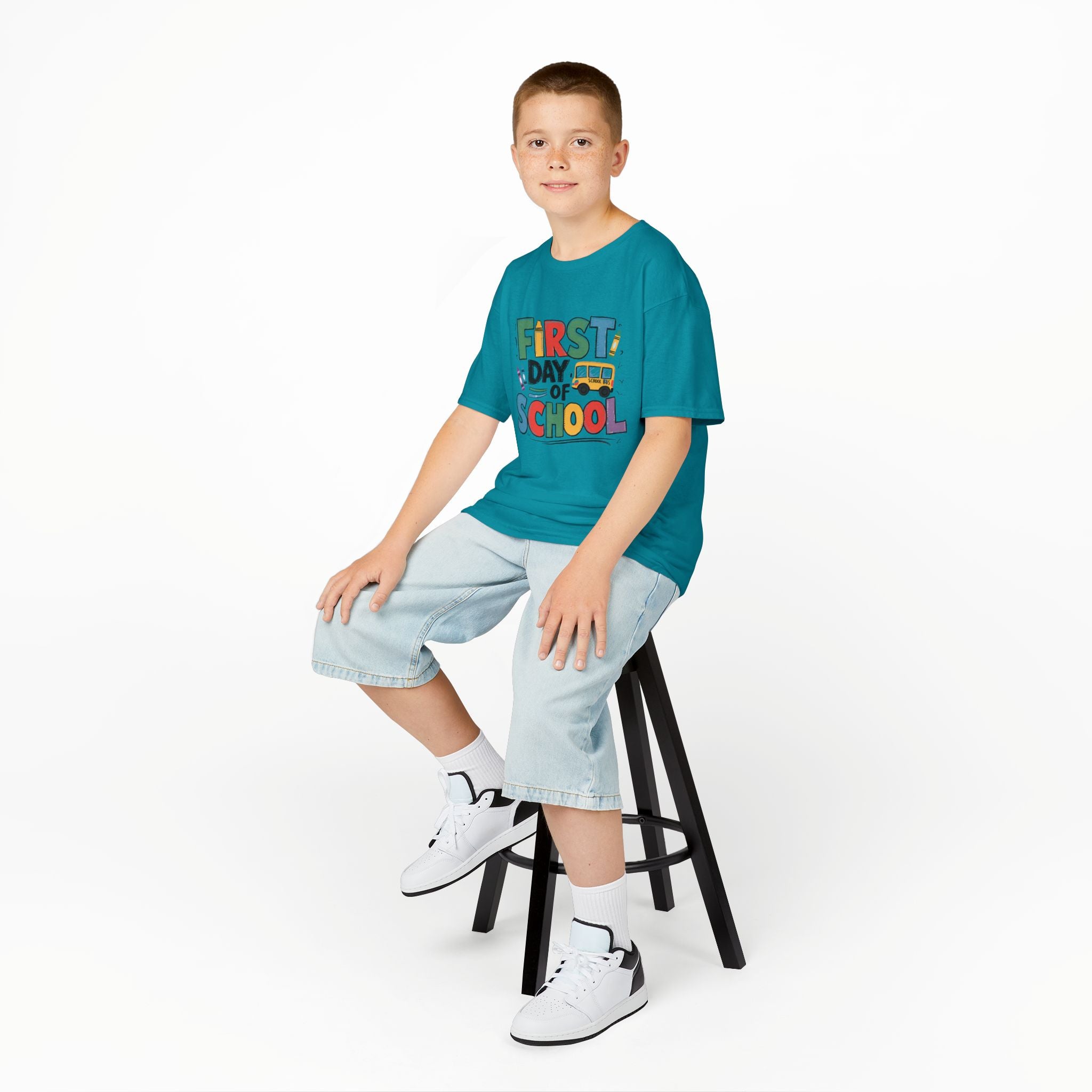 First Day of School Kids T-Shirt — Colorful Back-to-School Tee with School Bus Design
