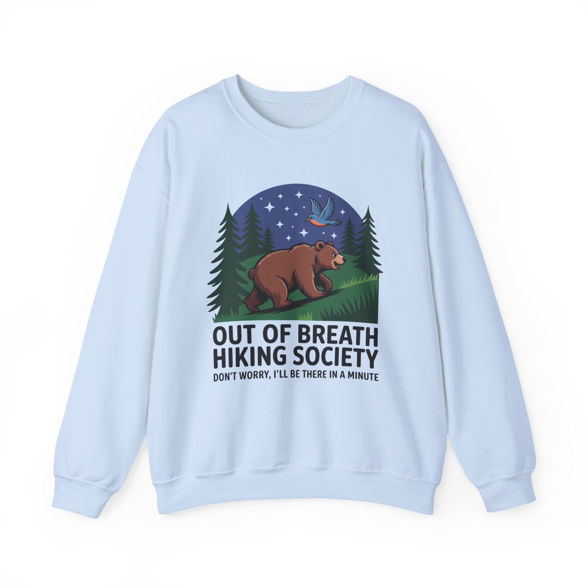 Out of Breath Hiking Society Crewneck Sweatshirt — Funny Bear Camping Graphic