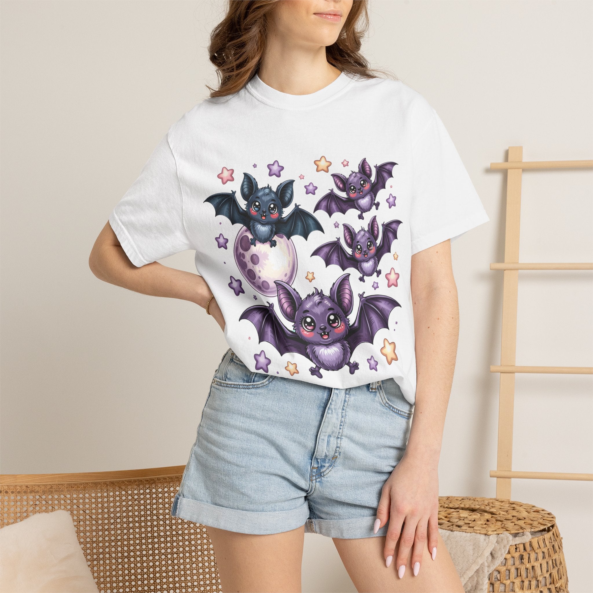 Cute Purple Bats T-Shirt — Kawaii Night Moon & Stars Tee
