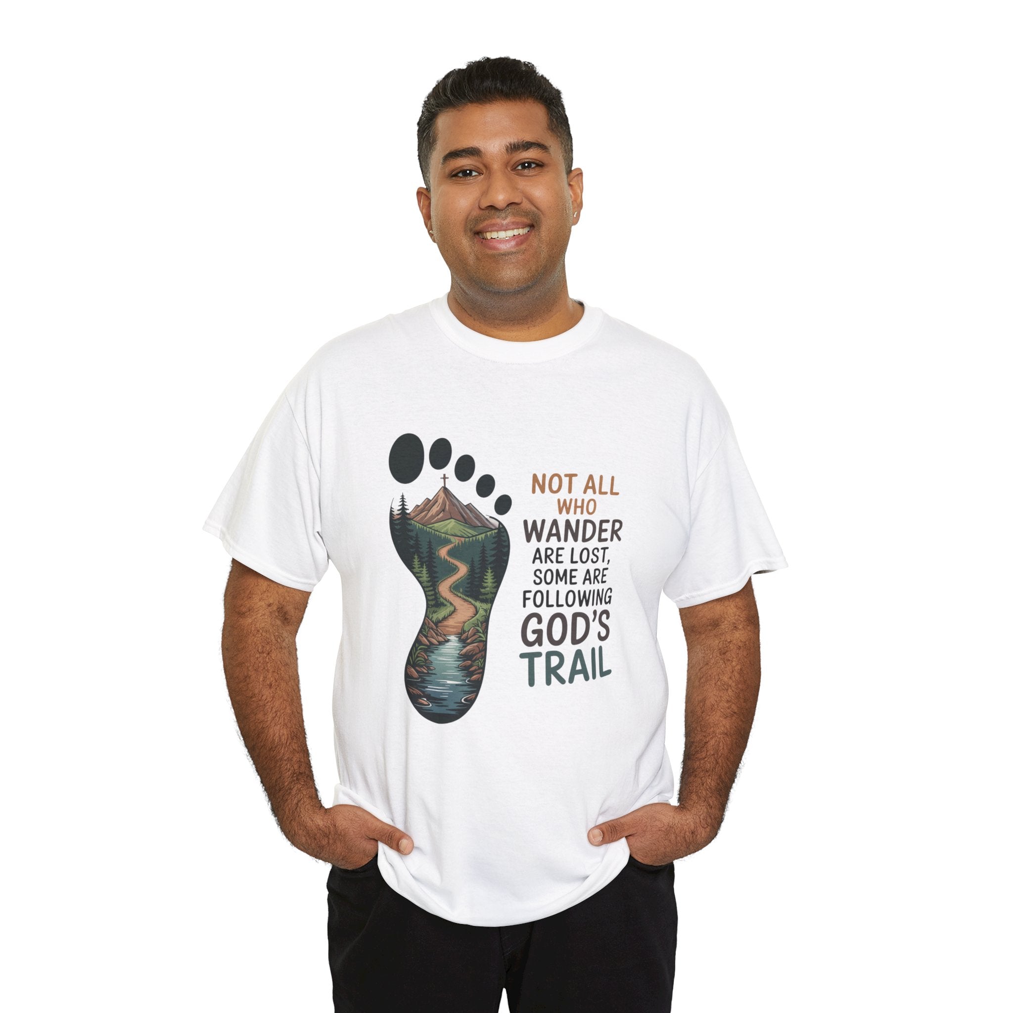 God's Trail Footprint T-Shirt — Christian Hiking Tee ("Not All Who Wander...")