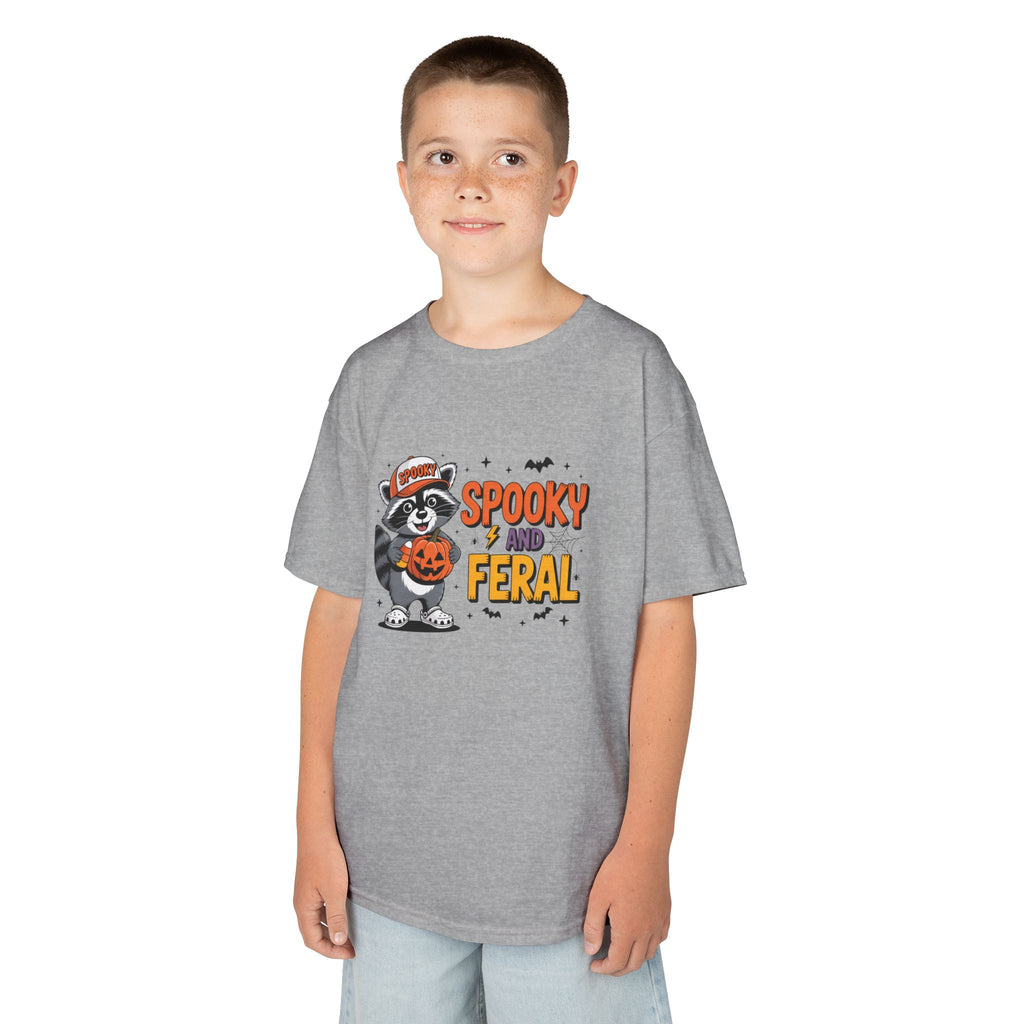 Kids Tee — "Spooky and Feral" Halloween Raccoon Pumpkin Shirt