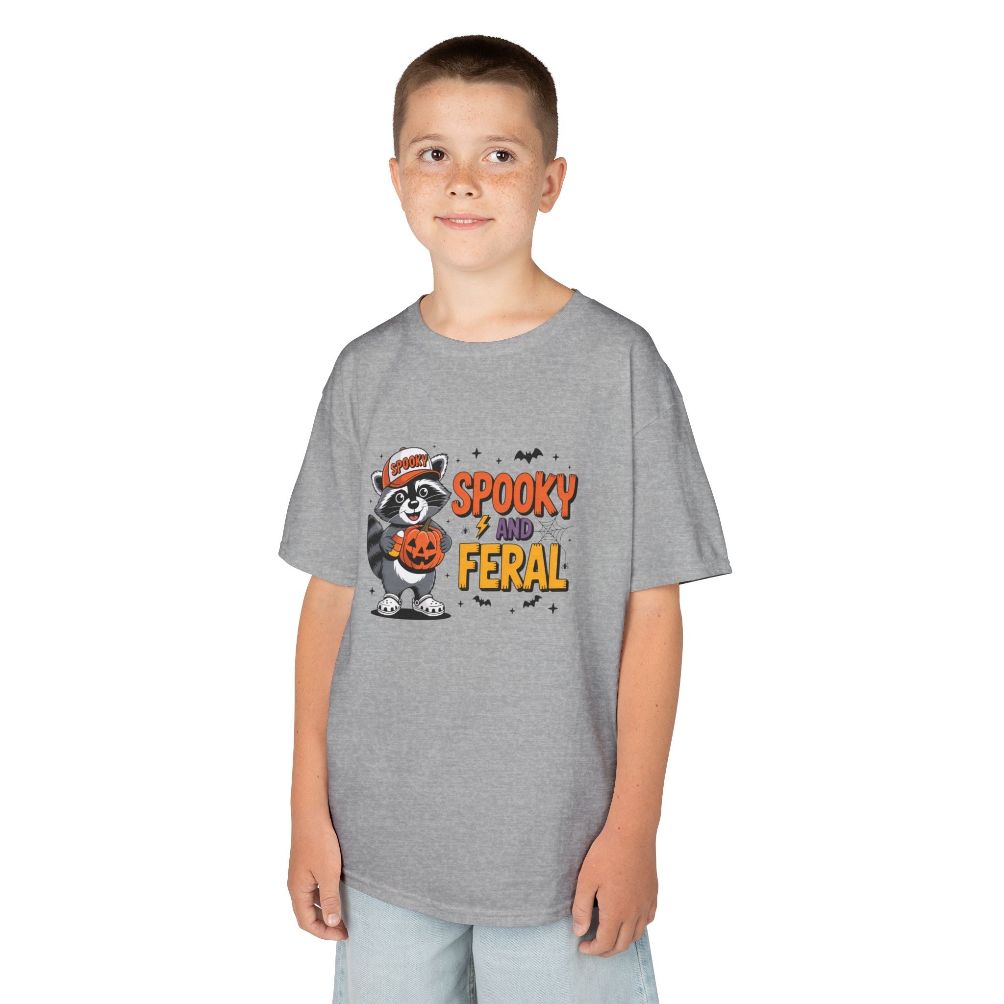 Kids Tee — "Spooky and Feral" Halloween Raccoon Pumpkin Shirt