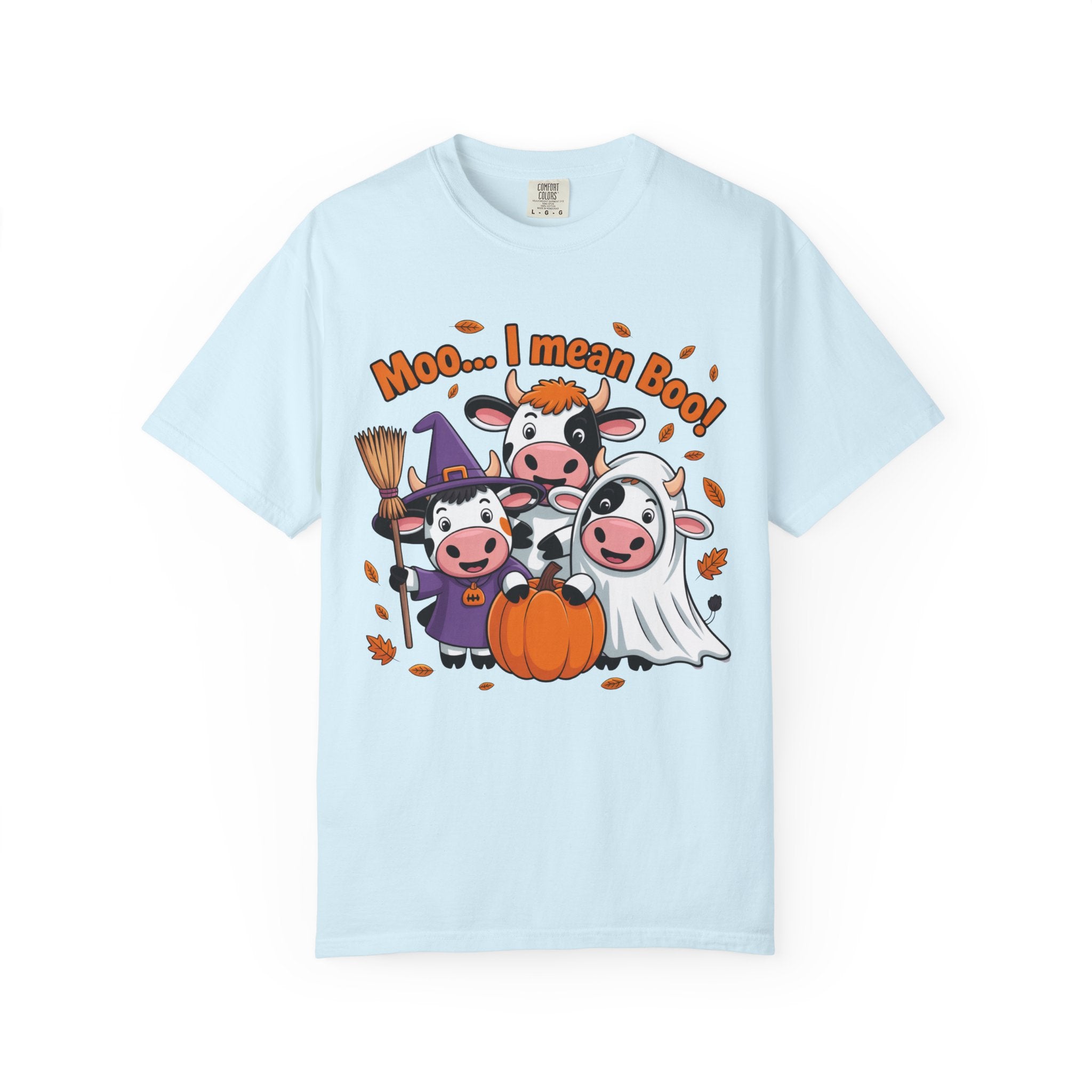 Halloween Cow T-Shirt – “Moo... I mean Boo!” Cute Pumpkin & Witch Cows Graphic Tee