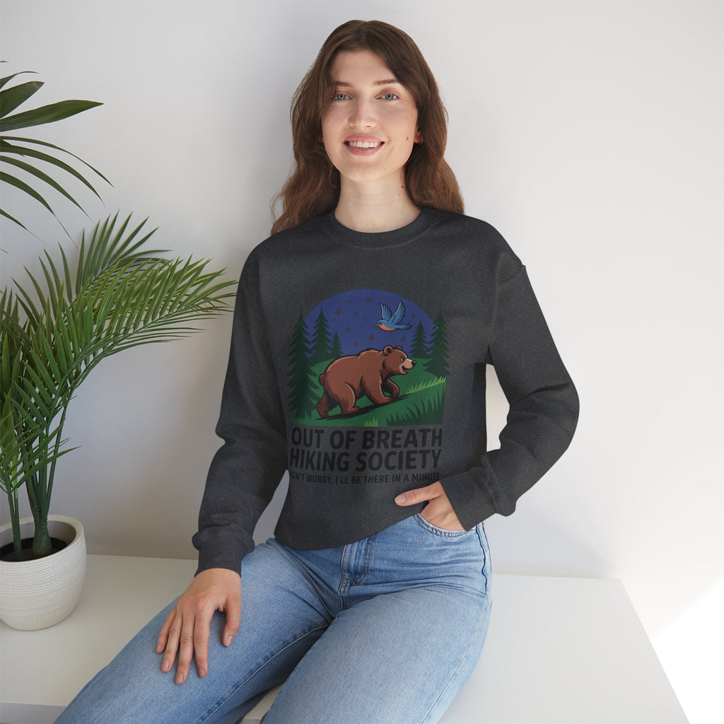 Out of Breath Hiking Society Crewneck Sweatshirt — Funny Bear Camping Graphic