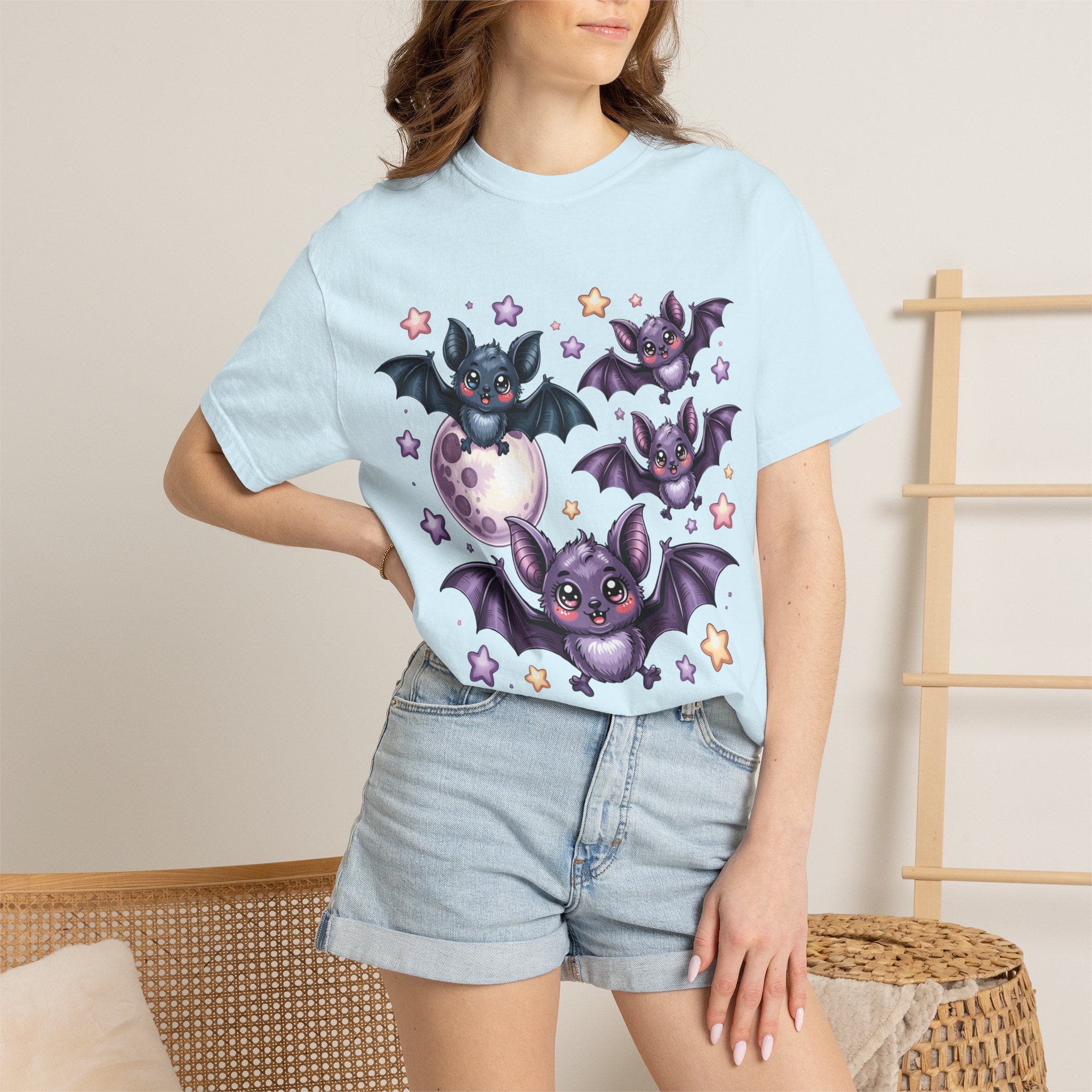 Cute Purple Bats T-Shirt — Kawaii Night Moon & Stars Tee