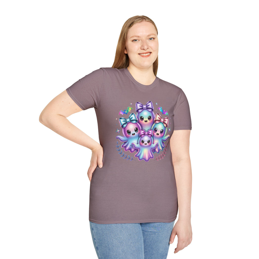 Cute Pastel Ghosts T-Shirt — Kawaii Iridescent Ghost Trio with Bows