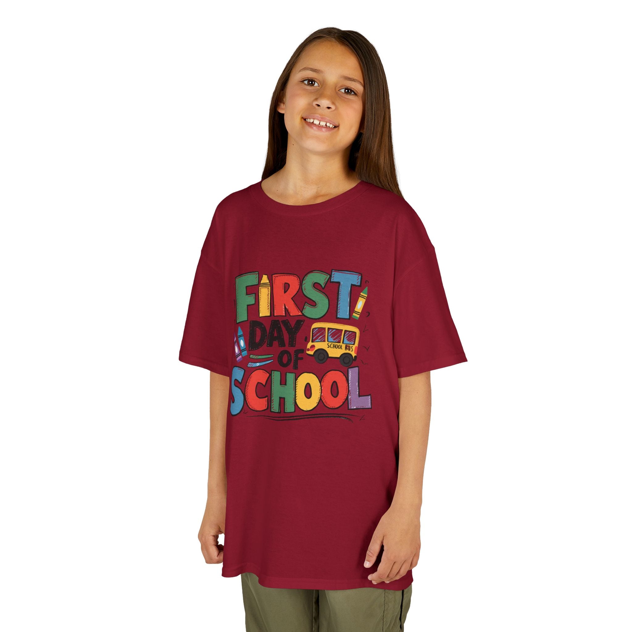 First Day of School Kids T-Shirt — Colorful Back-to-School Tee with School Bus Design