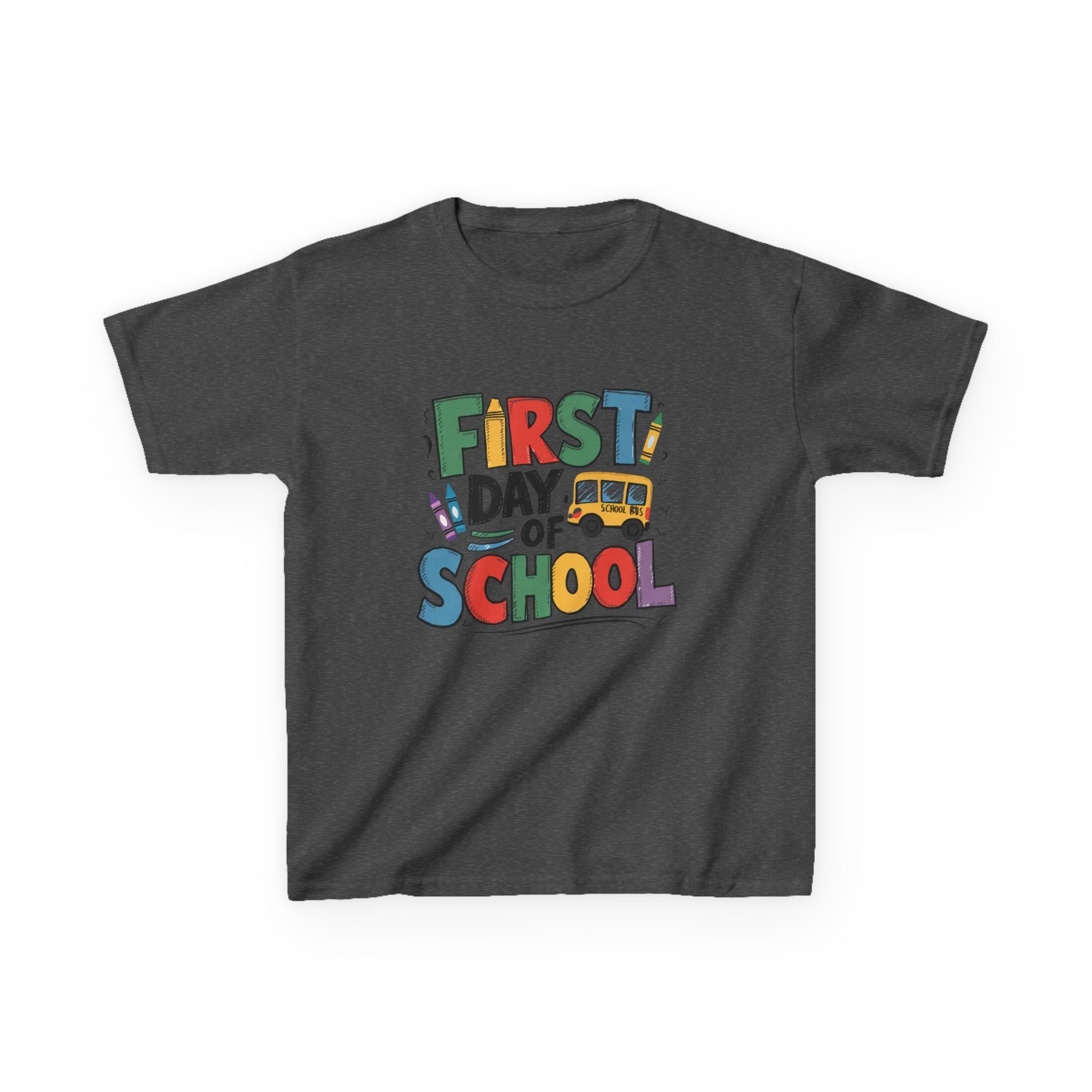 First Day of School Kids T-Shirt — Colorful Back-to-School Tee with School Bus Design