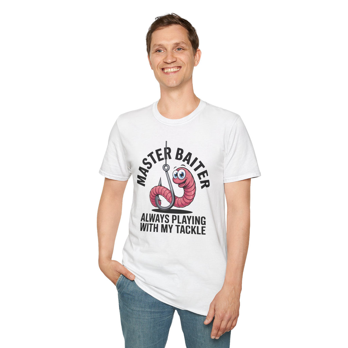 Master Baiter Fishing T-Shirt — Funny Worm Hook Tee ("Always Playing With My Tackle")