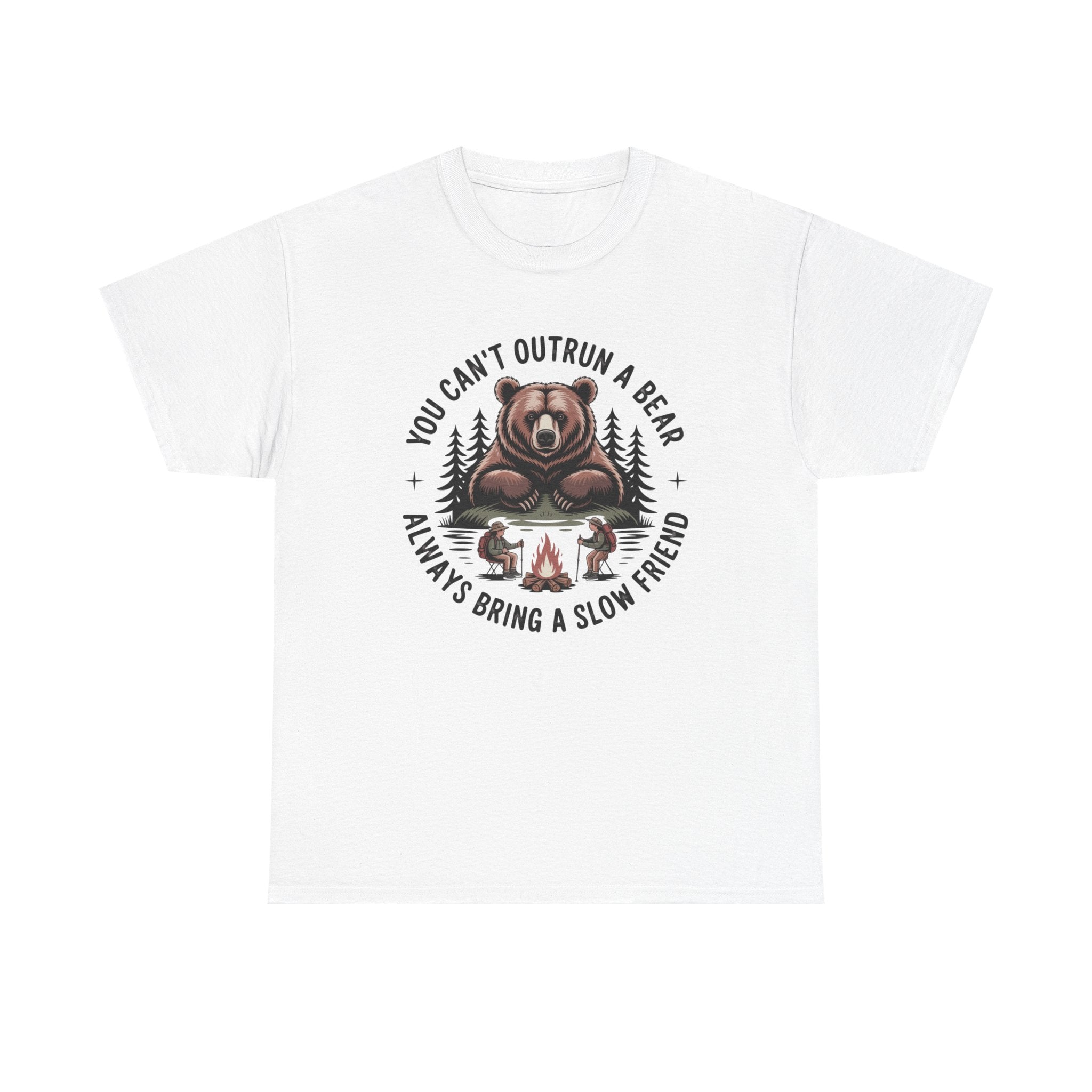 White t-shirt with bear graphic and text on a white background