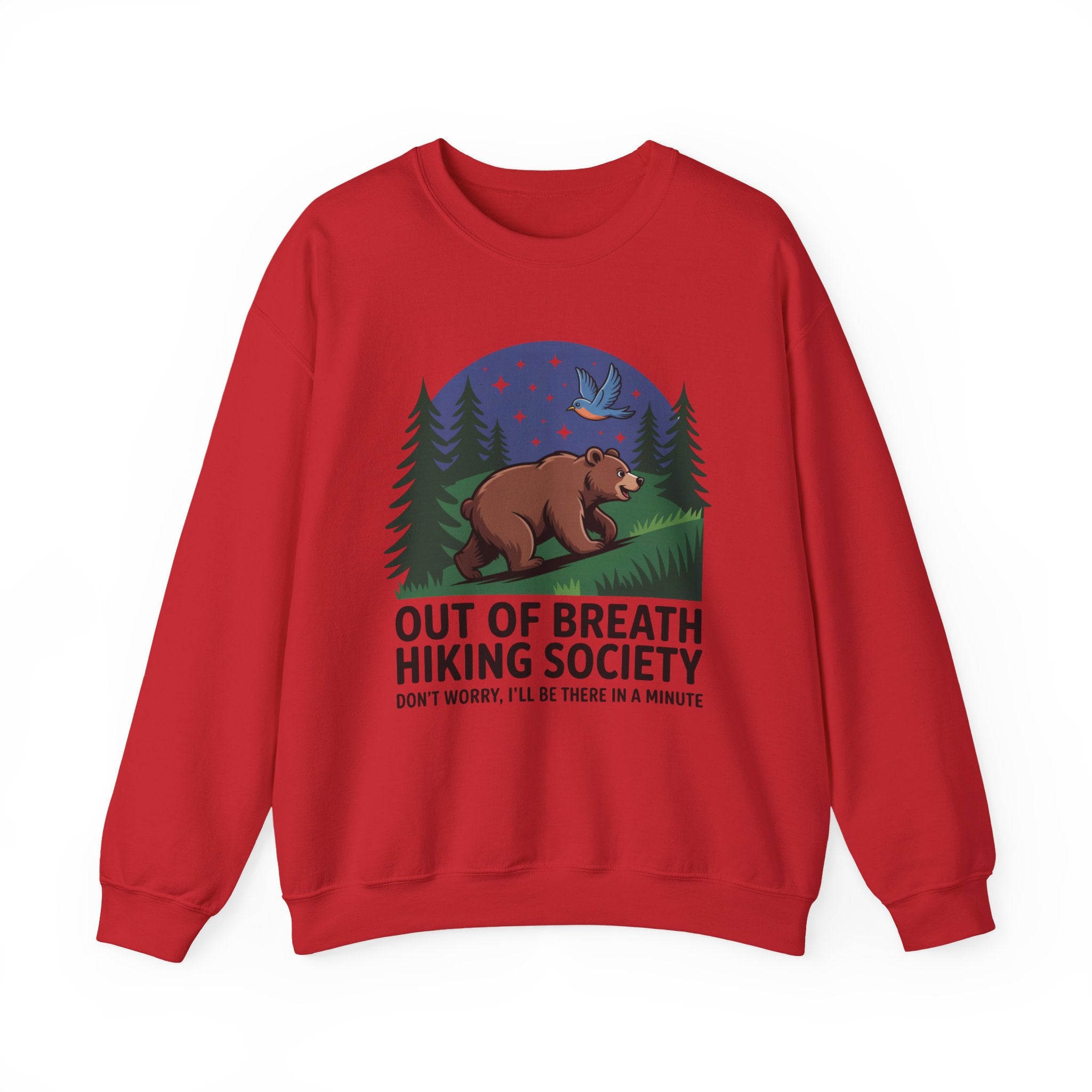 Out of Breath Hiking Society Crewneck Sweatshirt — Funny Bear Camping Graphic