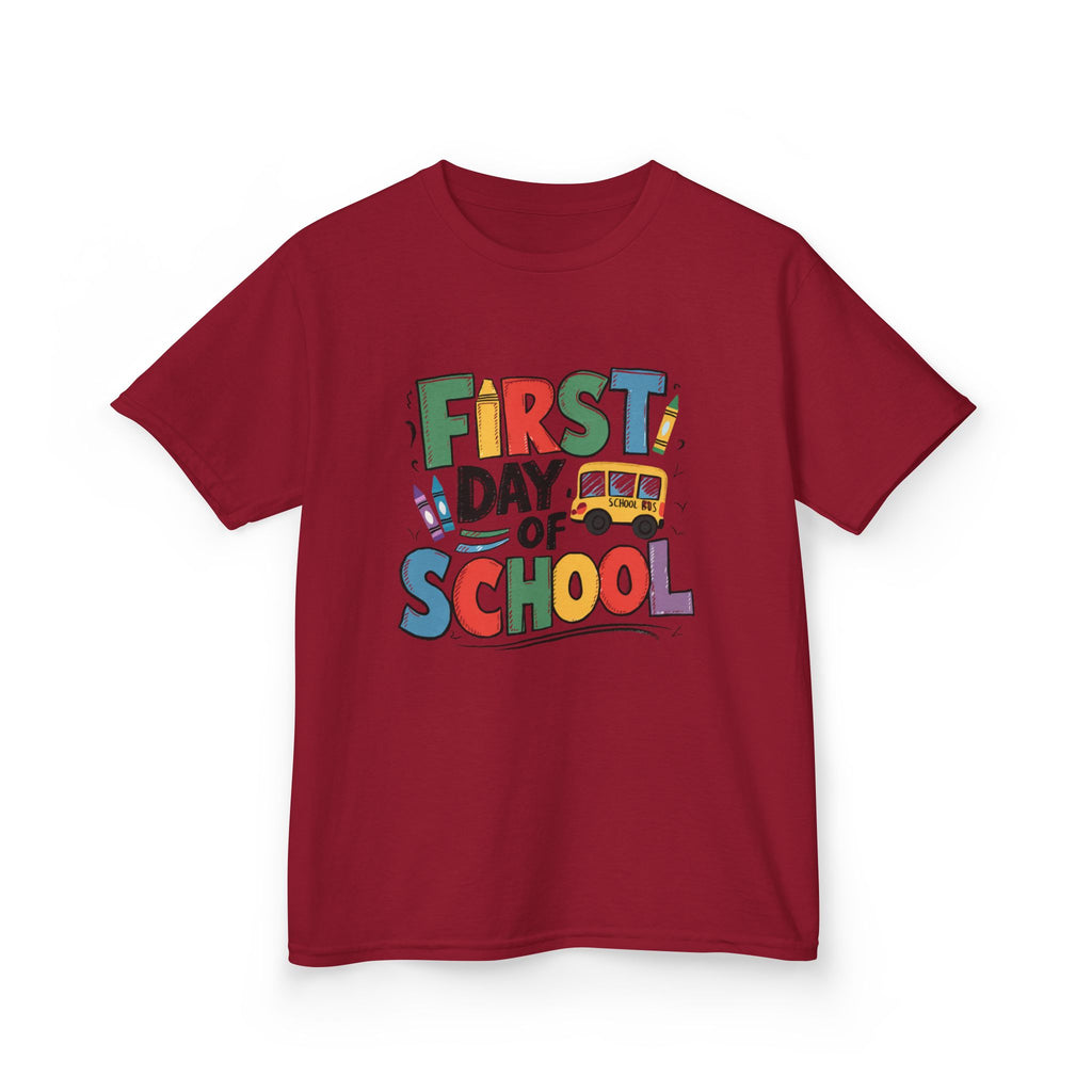 First Day of School Kids T-Shirt — Colorful Back-to-School Tee with School Bus Design