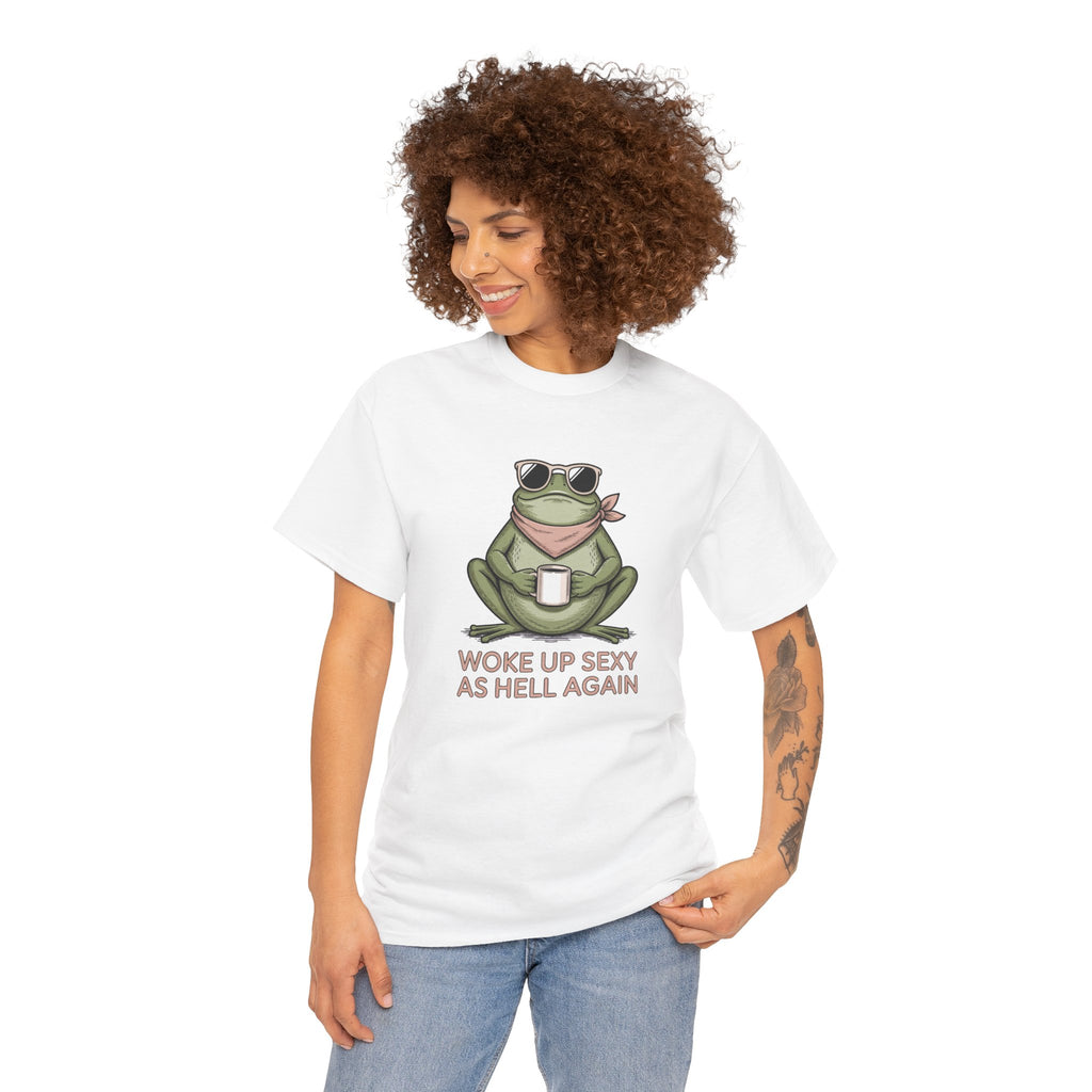 Frog Mug Graphic Tee — "Woke Up Sexy As Hell Again" Cotton T-Shirt
