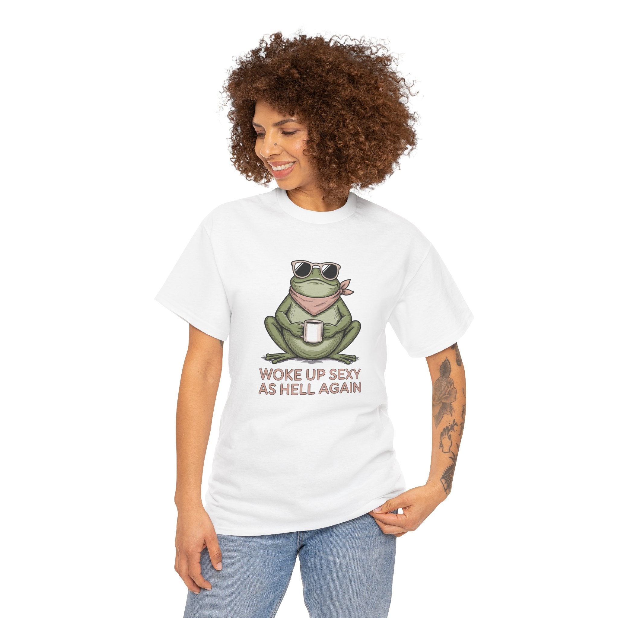 Frog Mug Graphic Tee — "Woke Up Sexy As Hell Again" Cotton T-Shirt