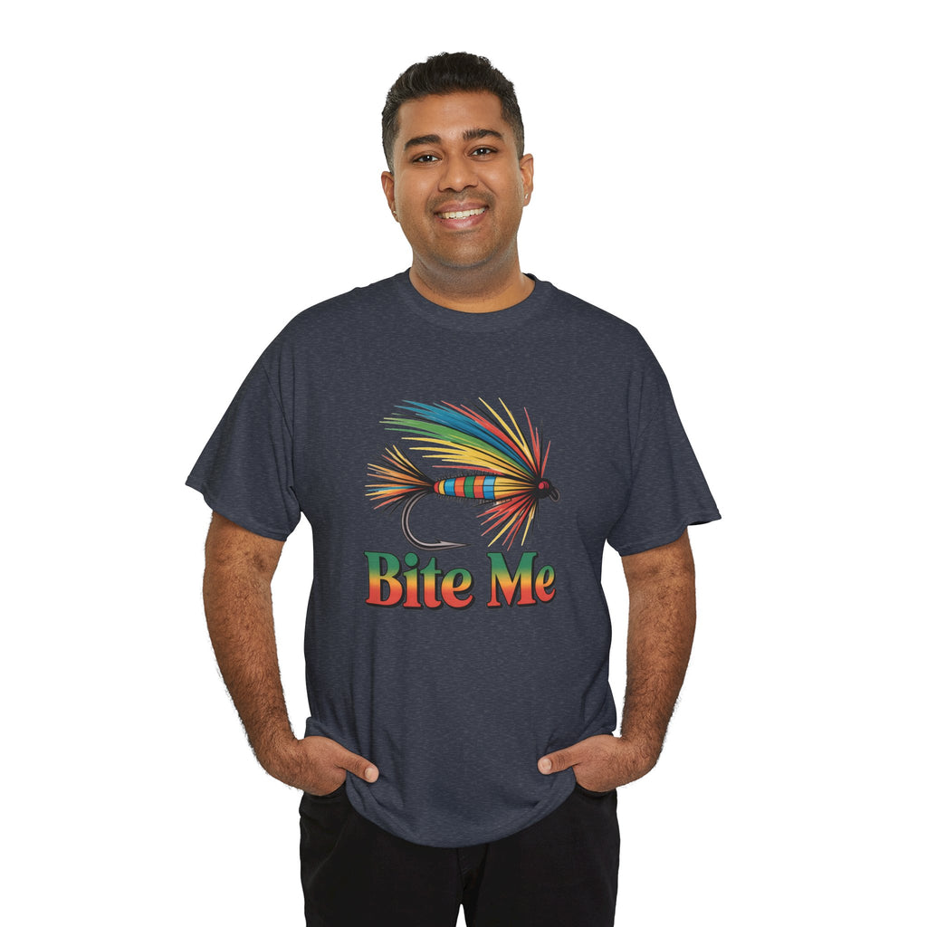 Fishing T-Shirt — Colorful Fly Design with "Bite Me" Text