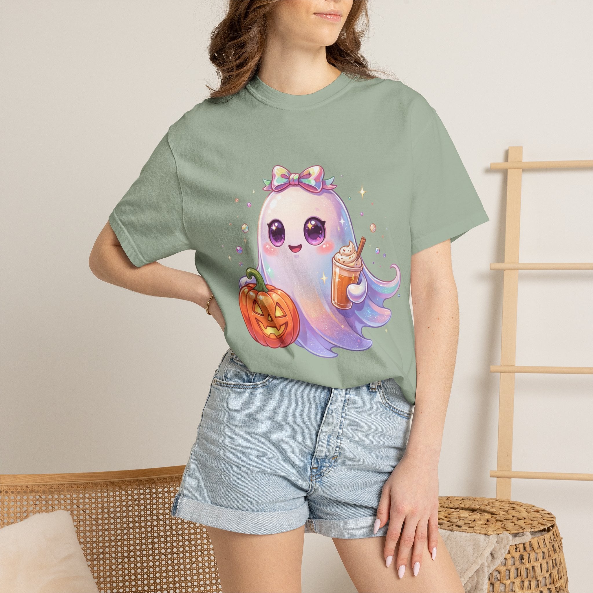 Cute Halloween Ghost T-Shirt — Kawaii Pumpkin & Candy Drink Graphic