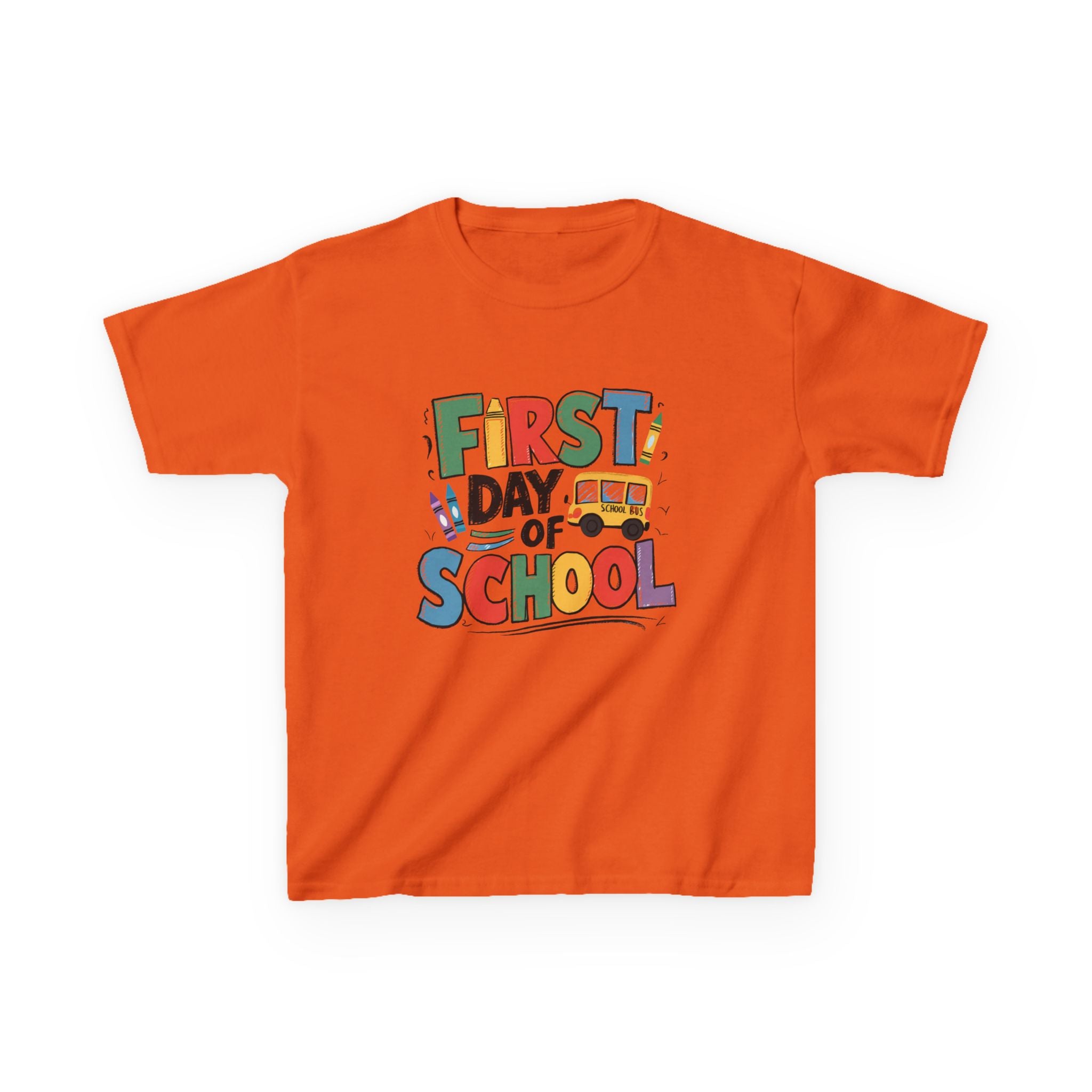 First Day of School Kids T-Shirt — Colorful Back-to-School Tee with School Bus Design