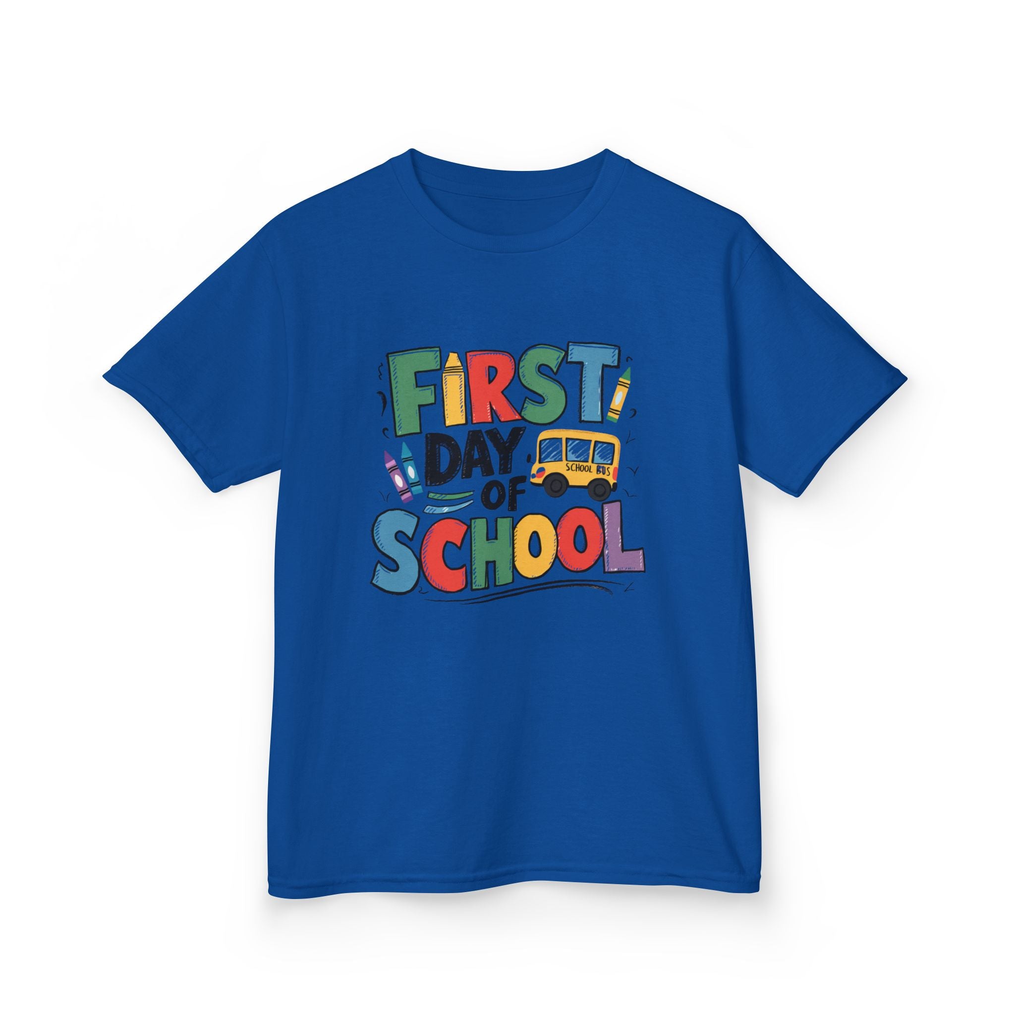 First Day of School Kids T-Shirt — Colorful Back-to-School Tee with School Bus Design