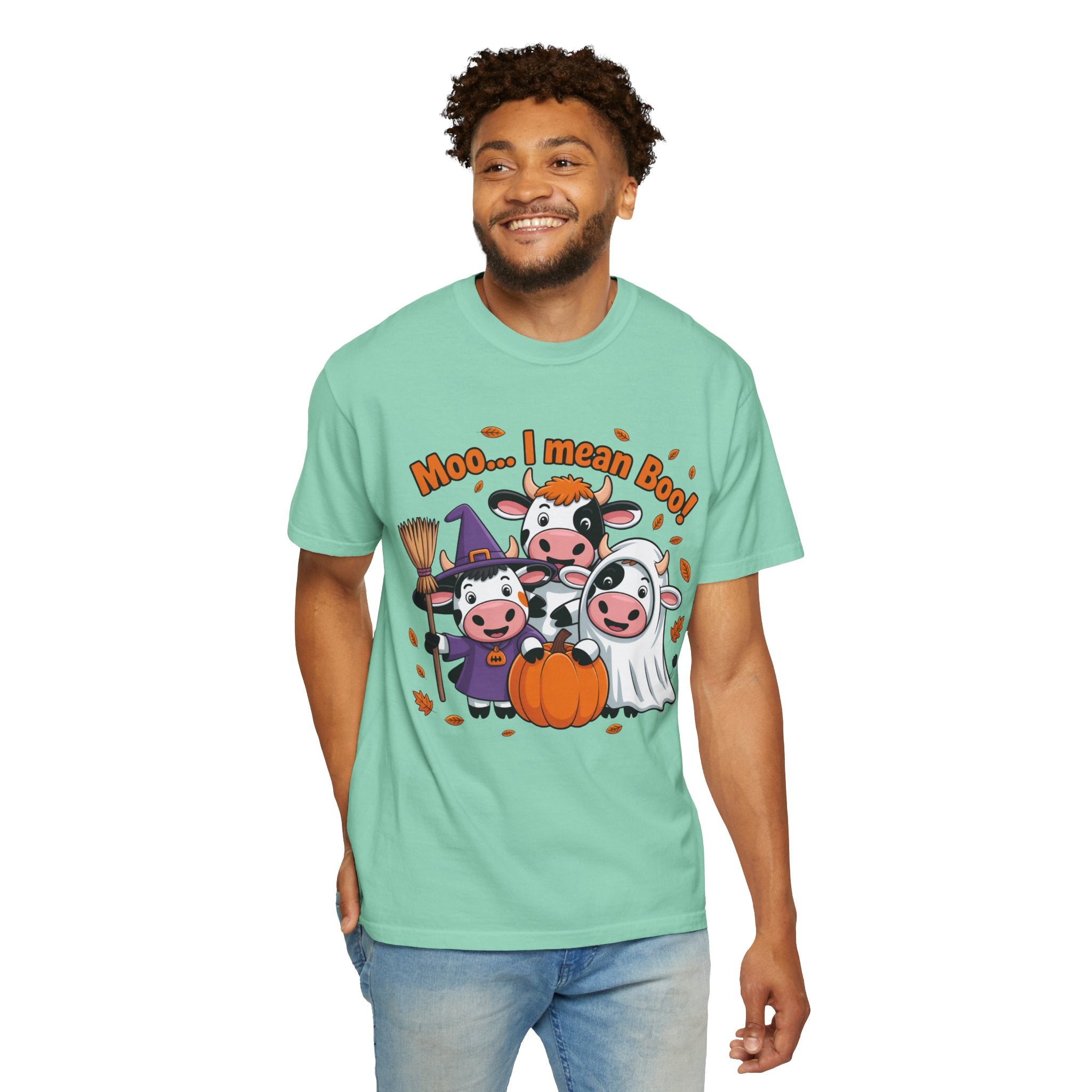 Halloween Cow T-Shirt – “Moo... I mean Boo!” Cute Pumpkin & Witch Cows Graphic Tee