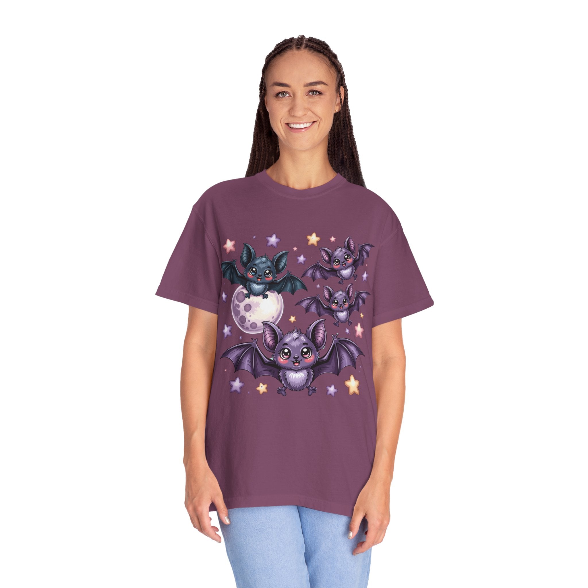 Cute Purple Bats T-Shirt — Kawaii Night Moon & Stars Tee